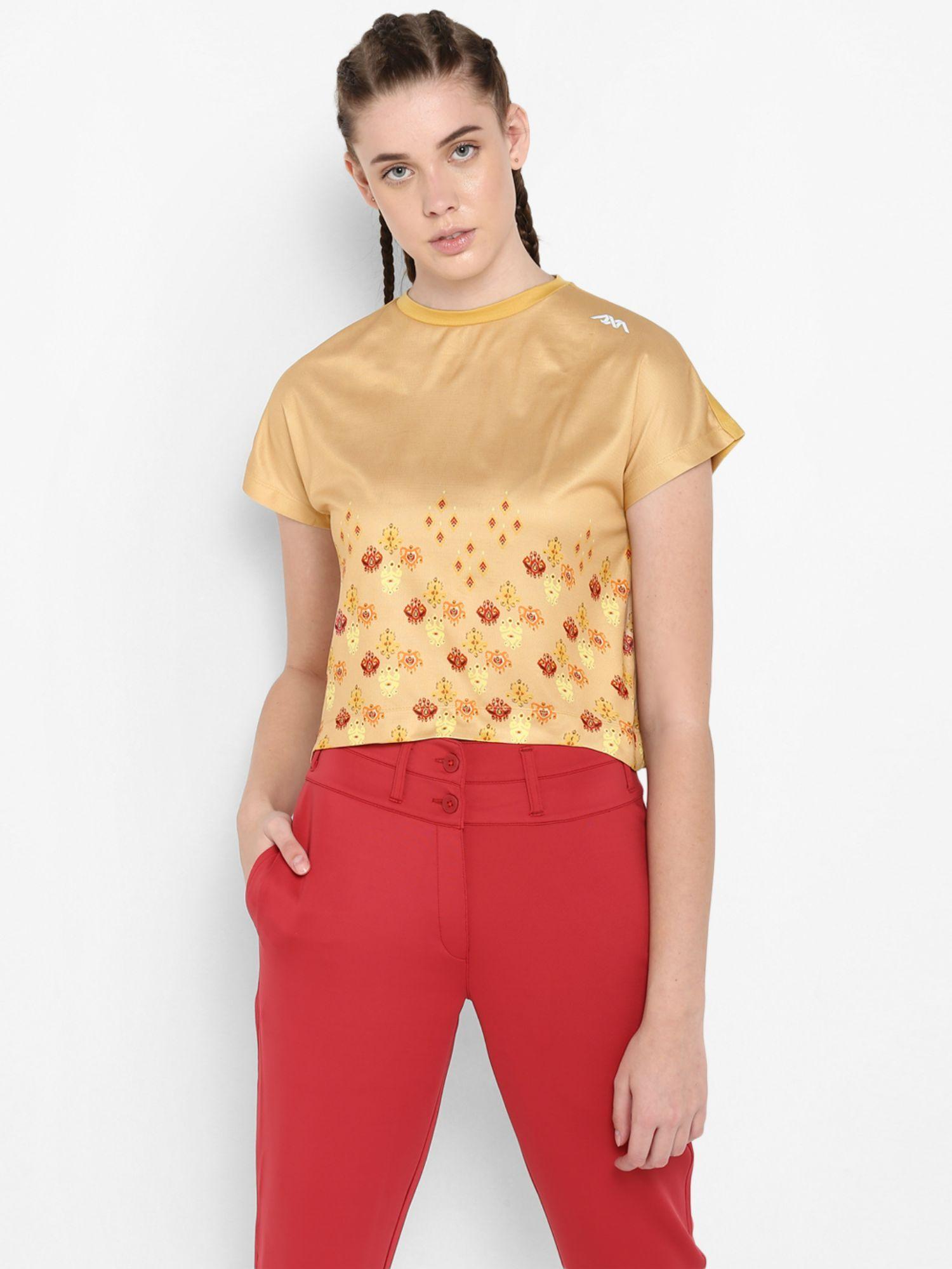 women beige orange printed round neck t-shirt