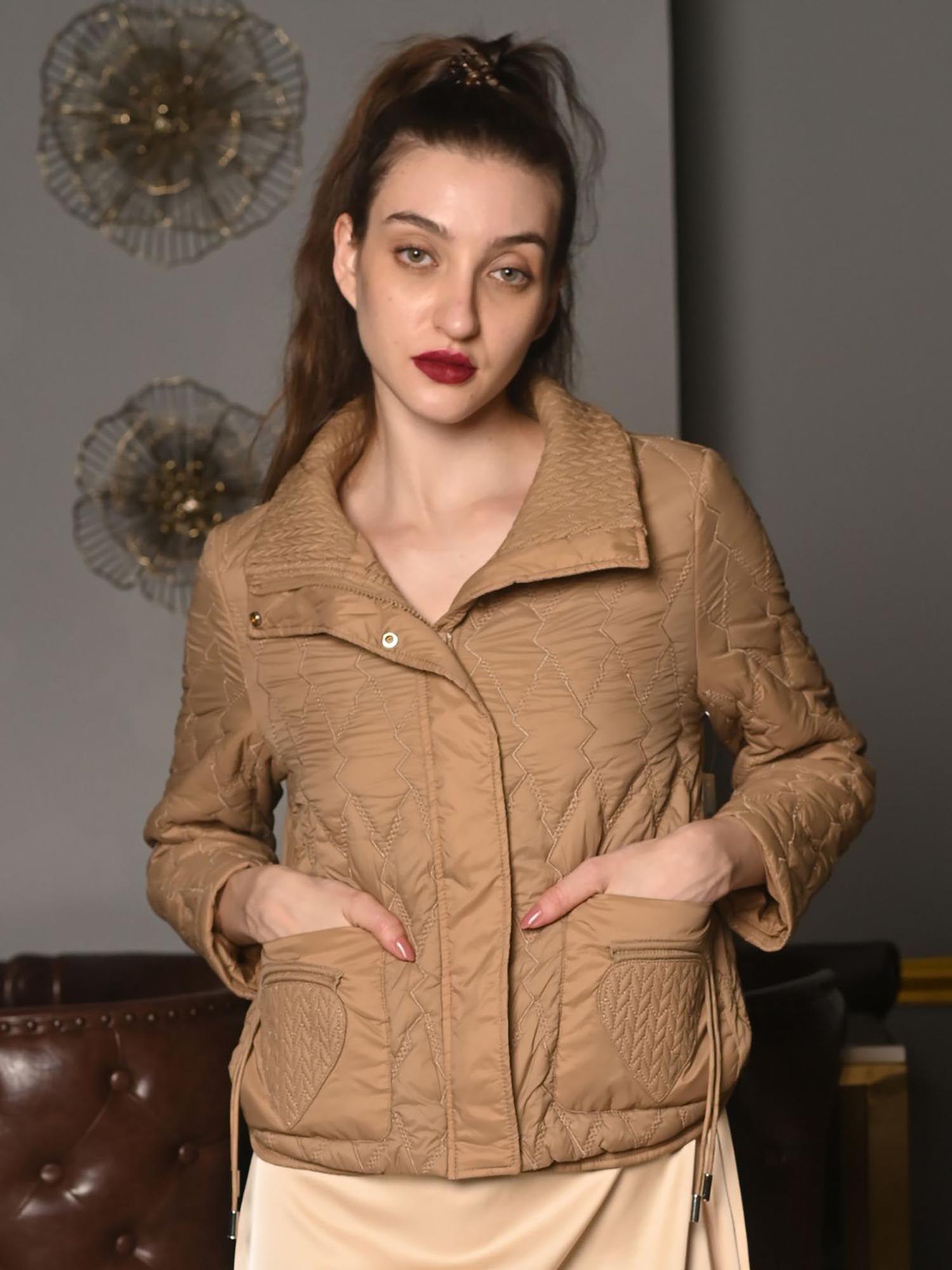 women beige polyester embroidered jacket