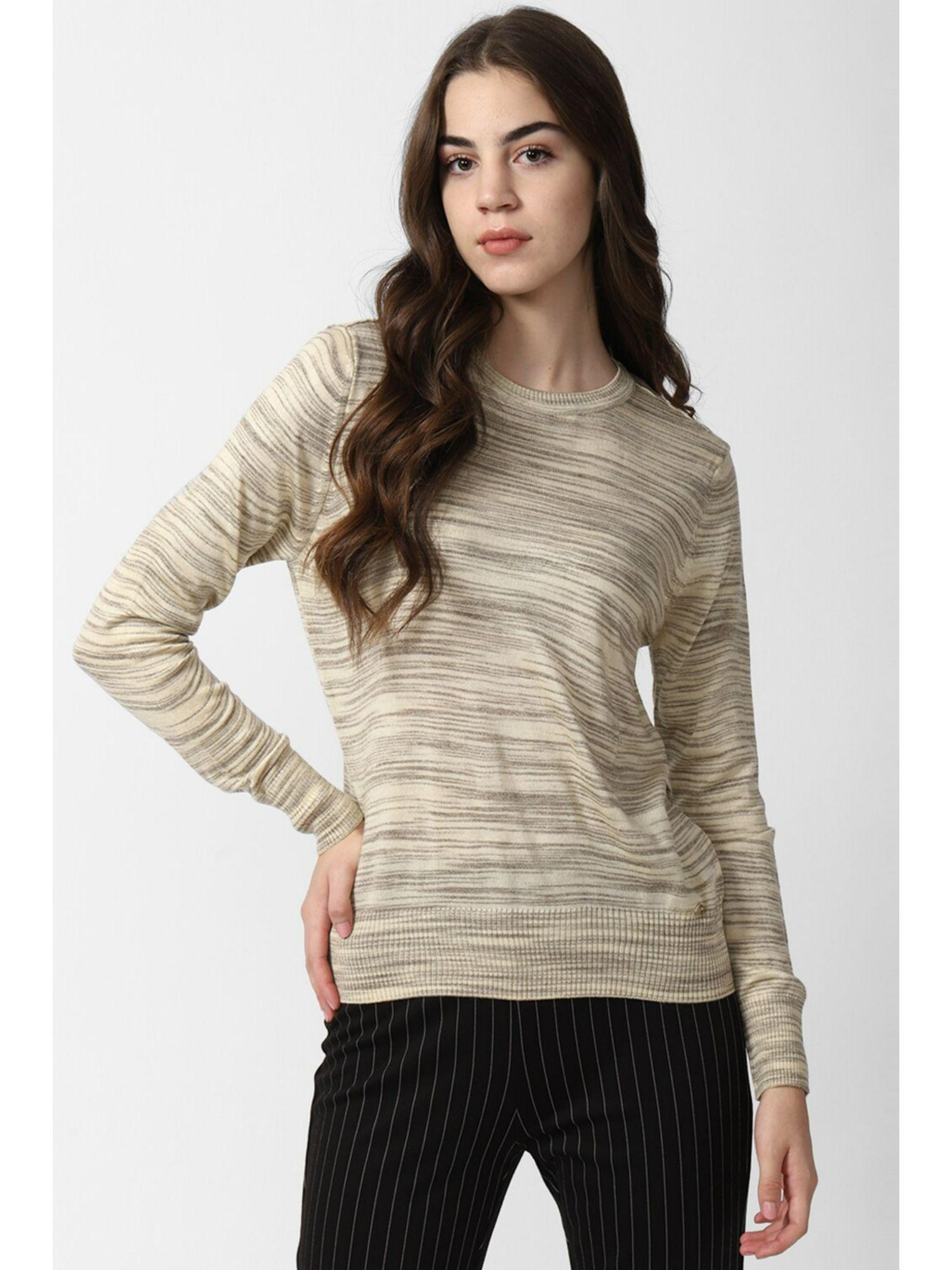 women beige print round neck sweater