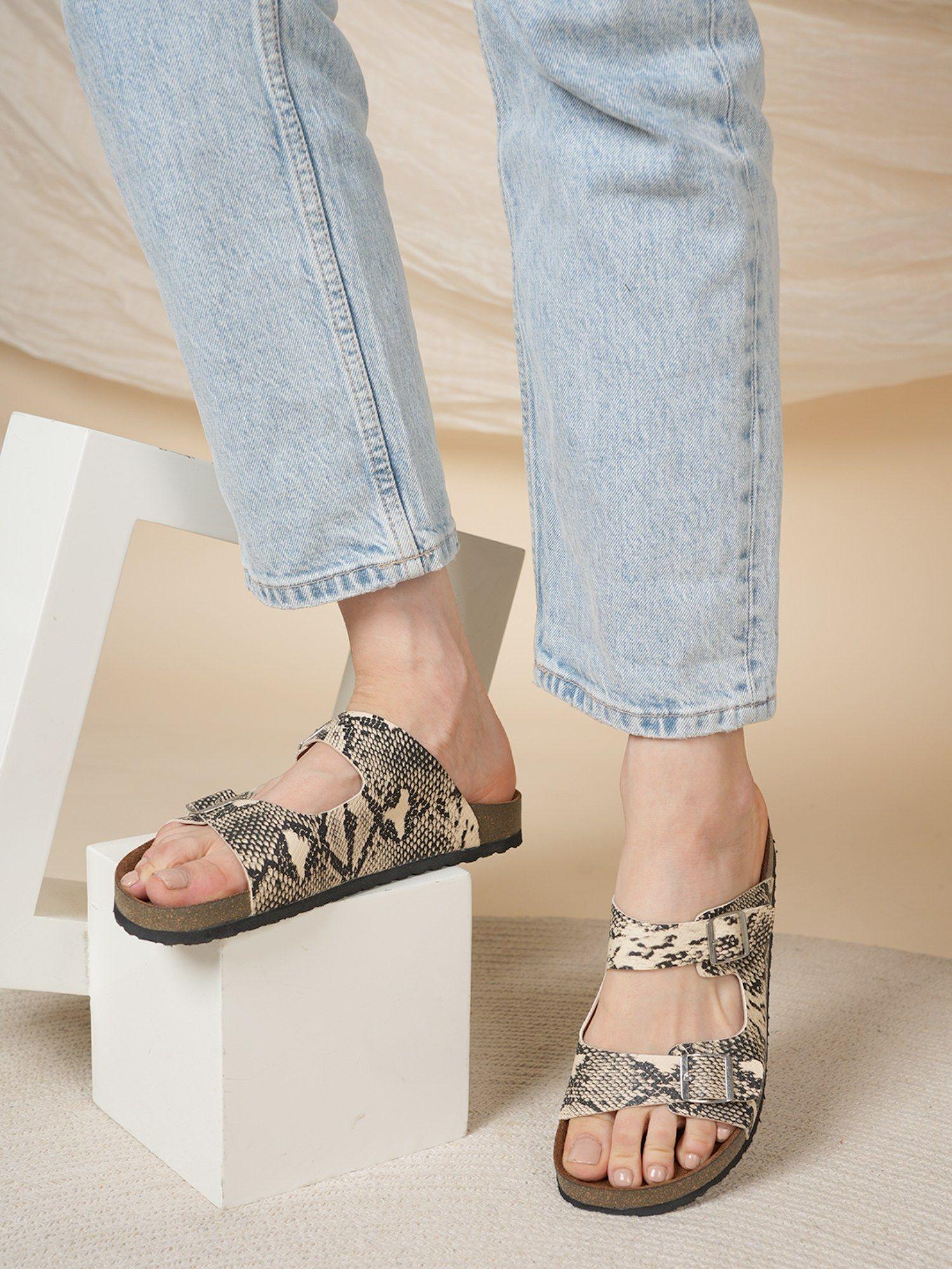 women beige printed sandals