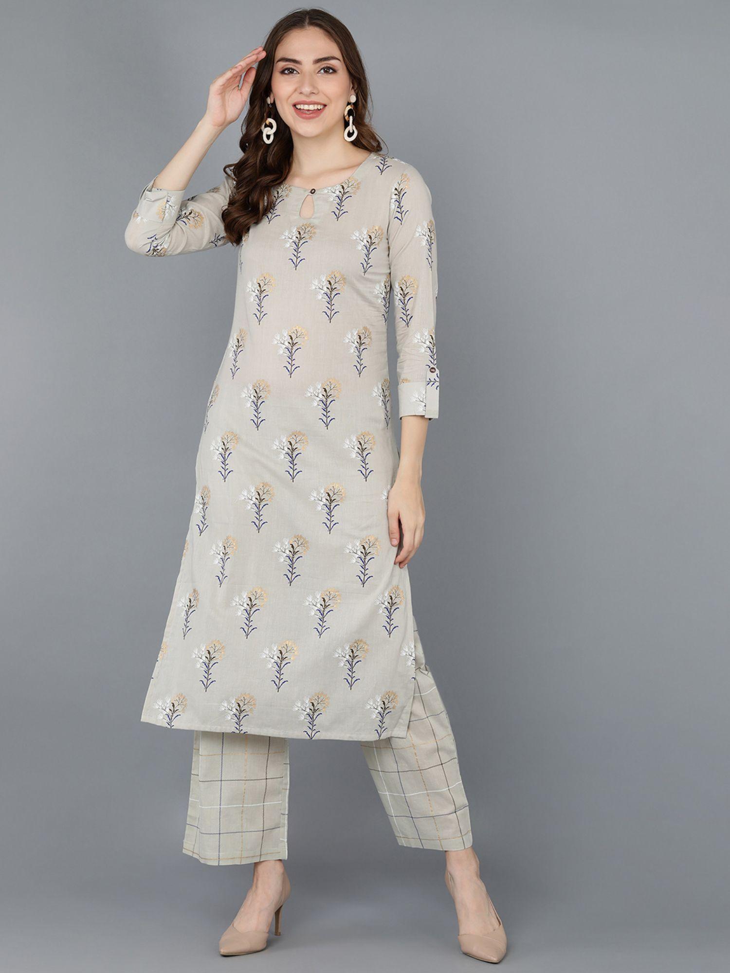 women beige pure cotton printed straight kurta with palazzo (set of 2)
