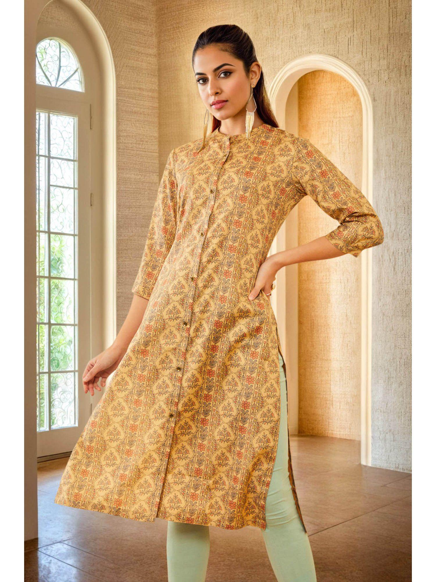 women beige rayon floral print kurta