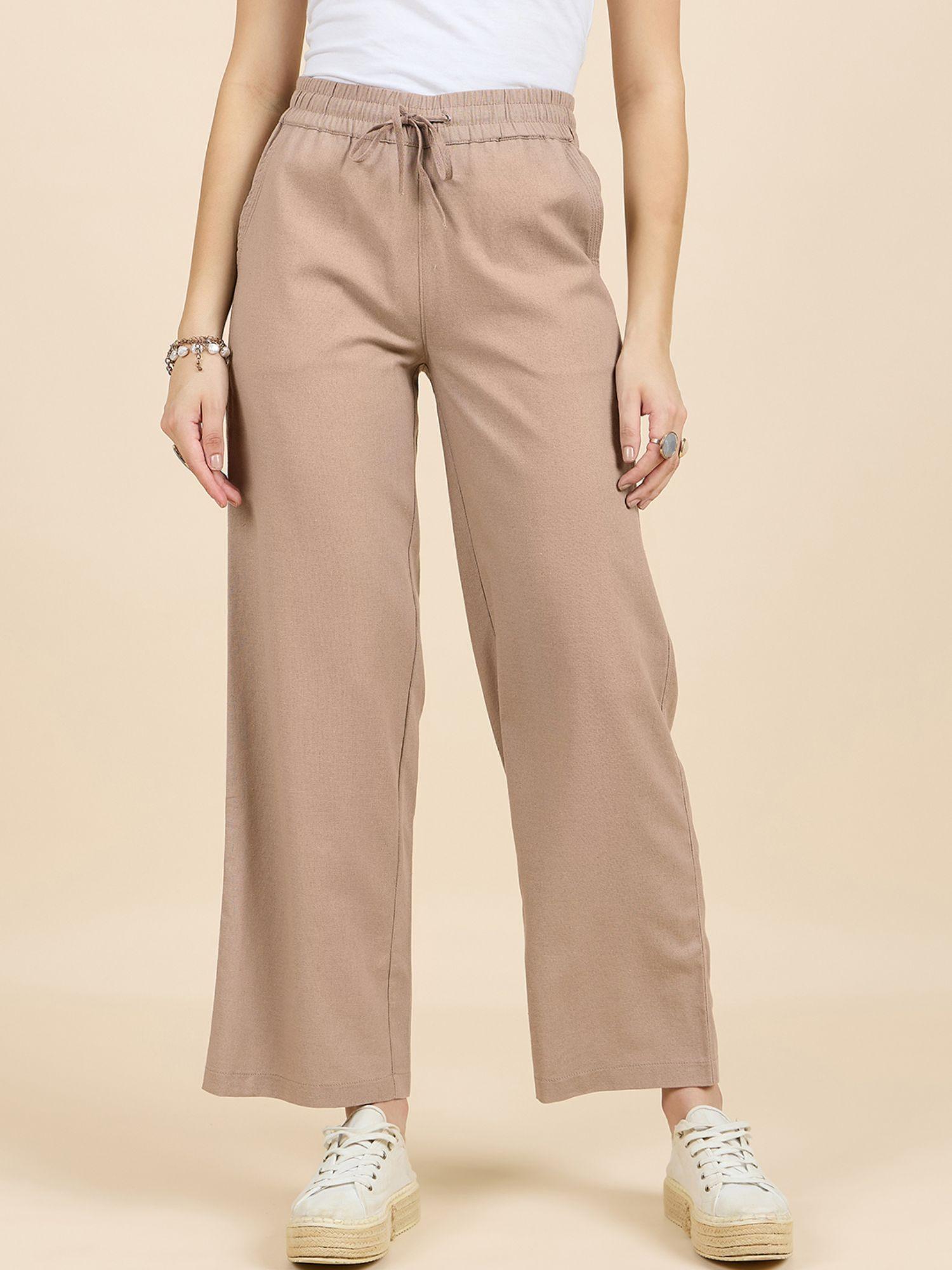 women beige regular fit cotton poly pants