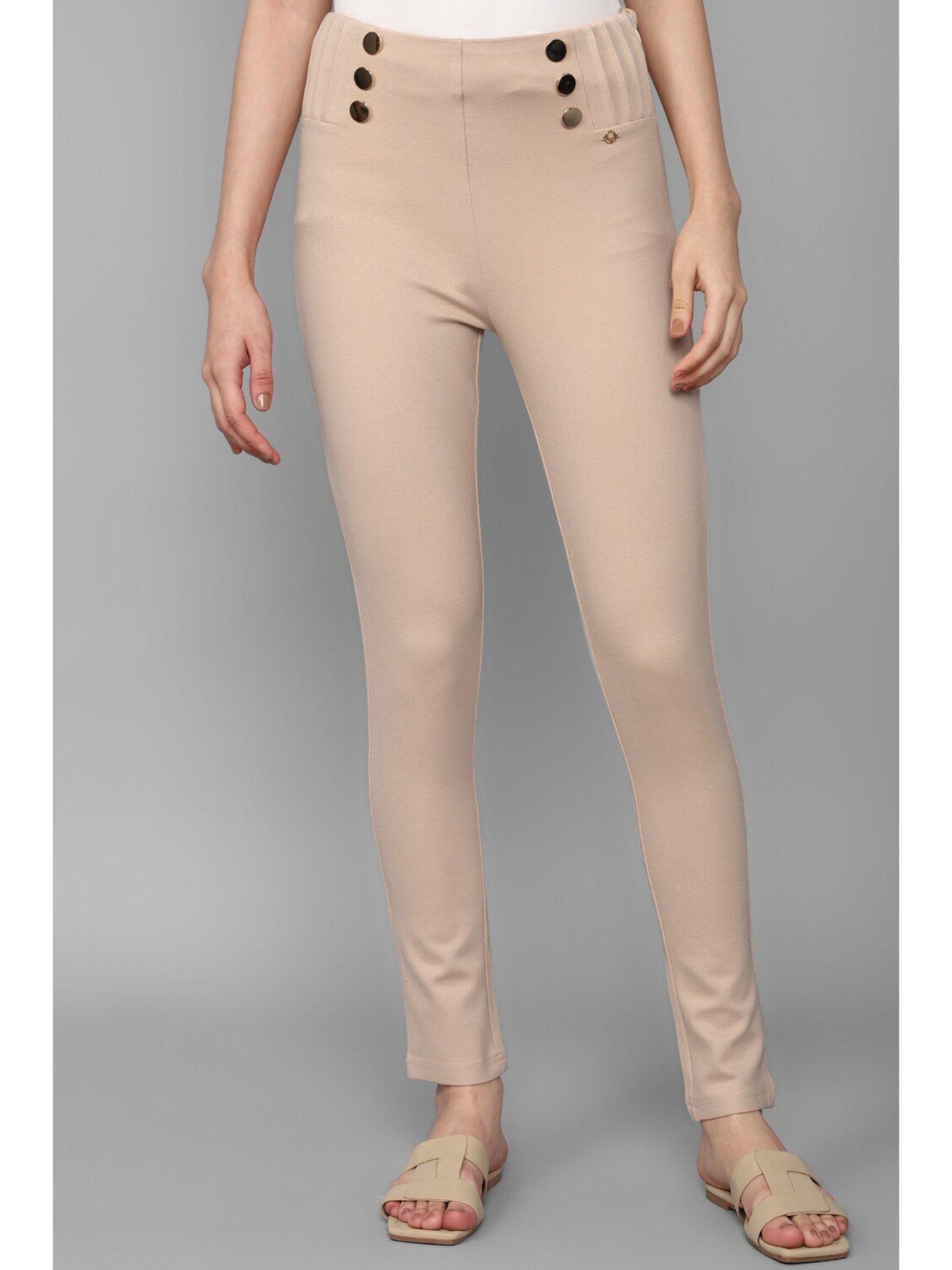 women beige regular fit solid casual trousers