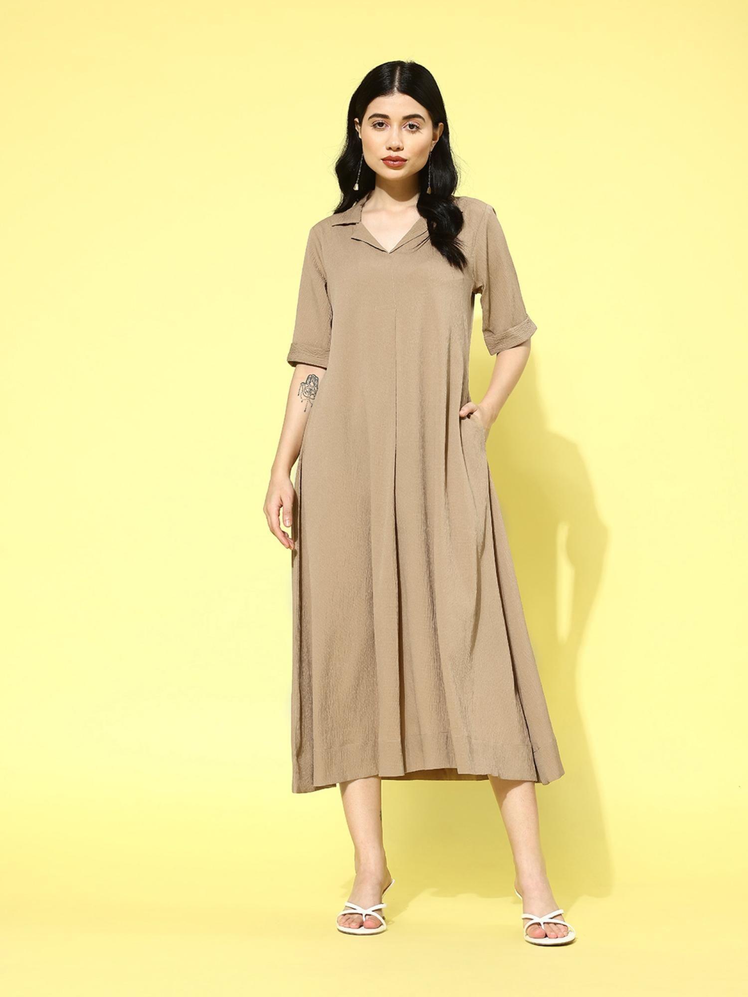 women beige shirt collar a line dress