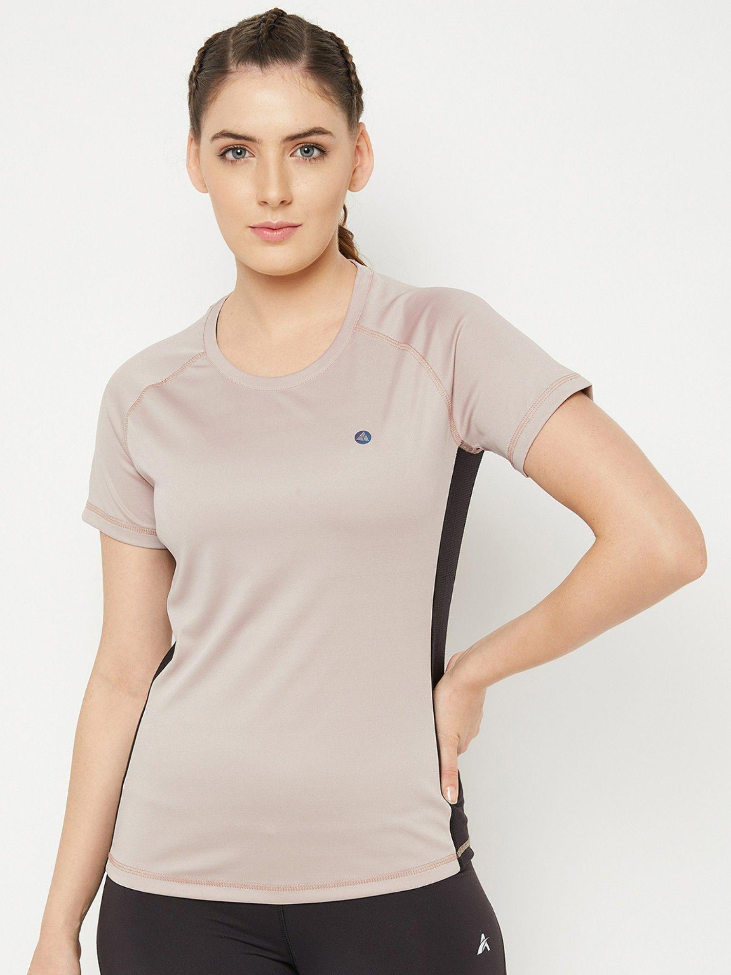 women beige short-sleeve lightweight quick dry running fitness sports t-shirts