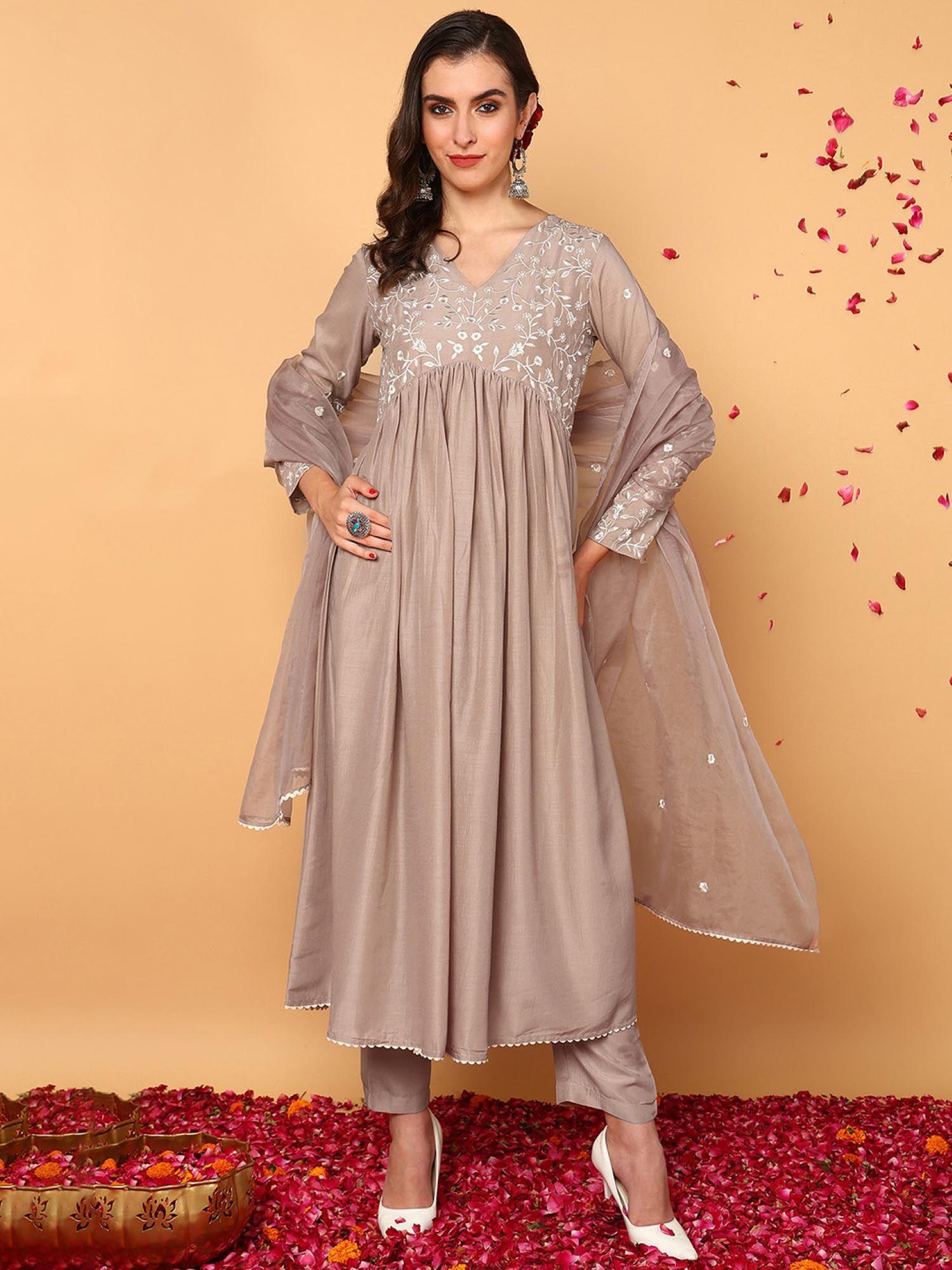 women beige silk blend embroidered flared kurta trouser with dupatta (set of 3)