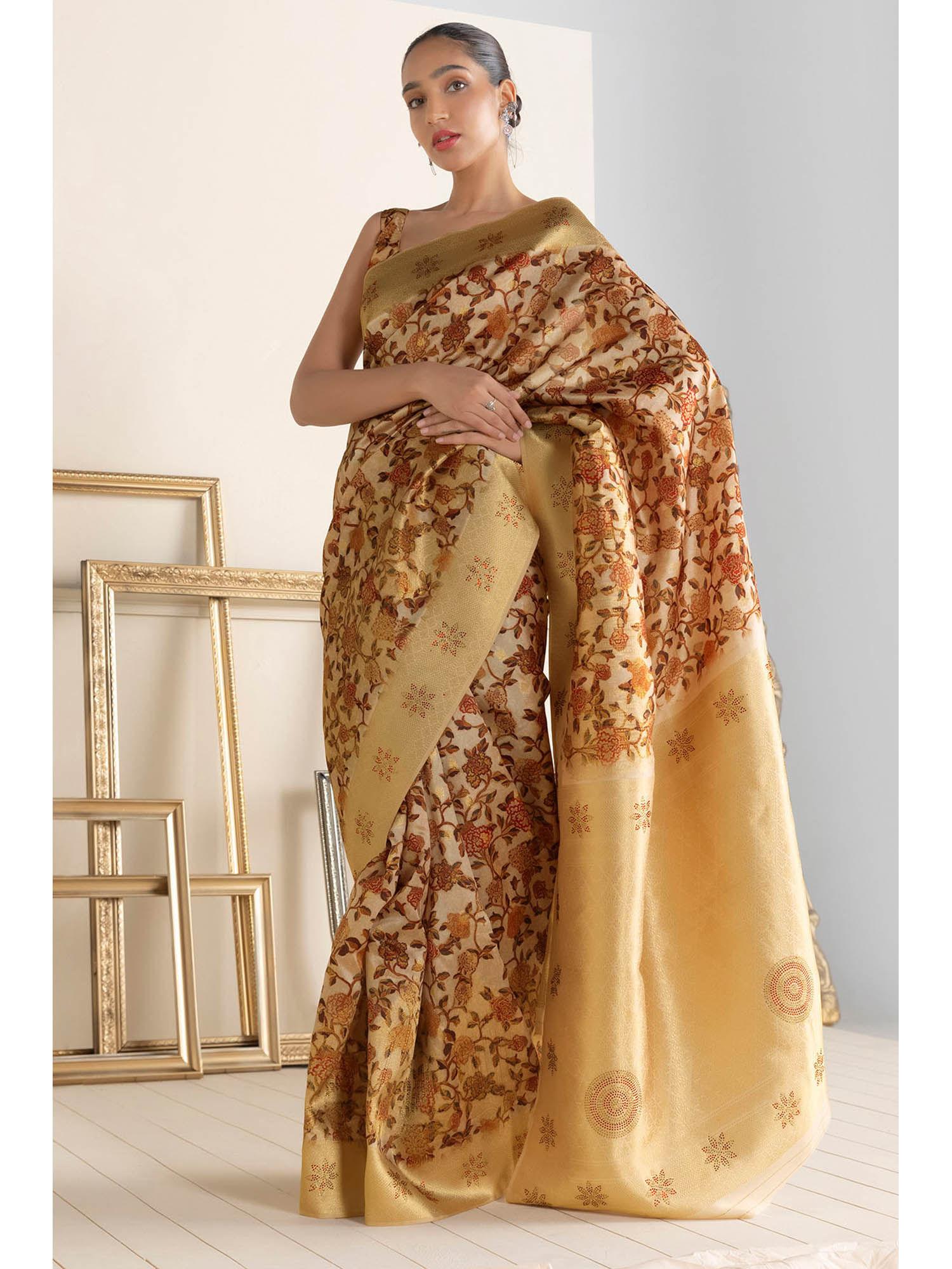 women beige silk printed saree with unstitched blouse