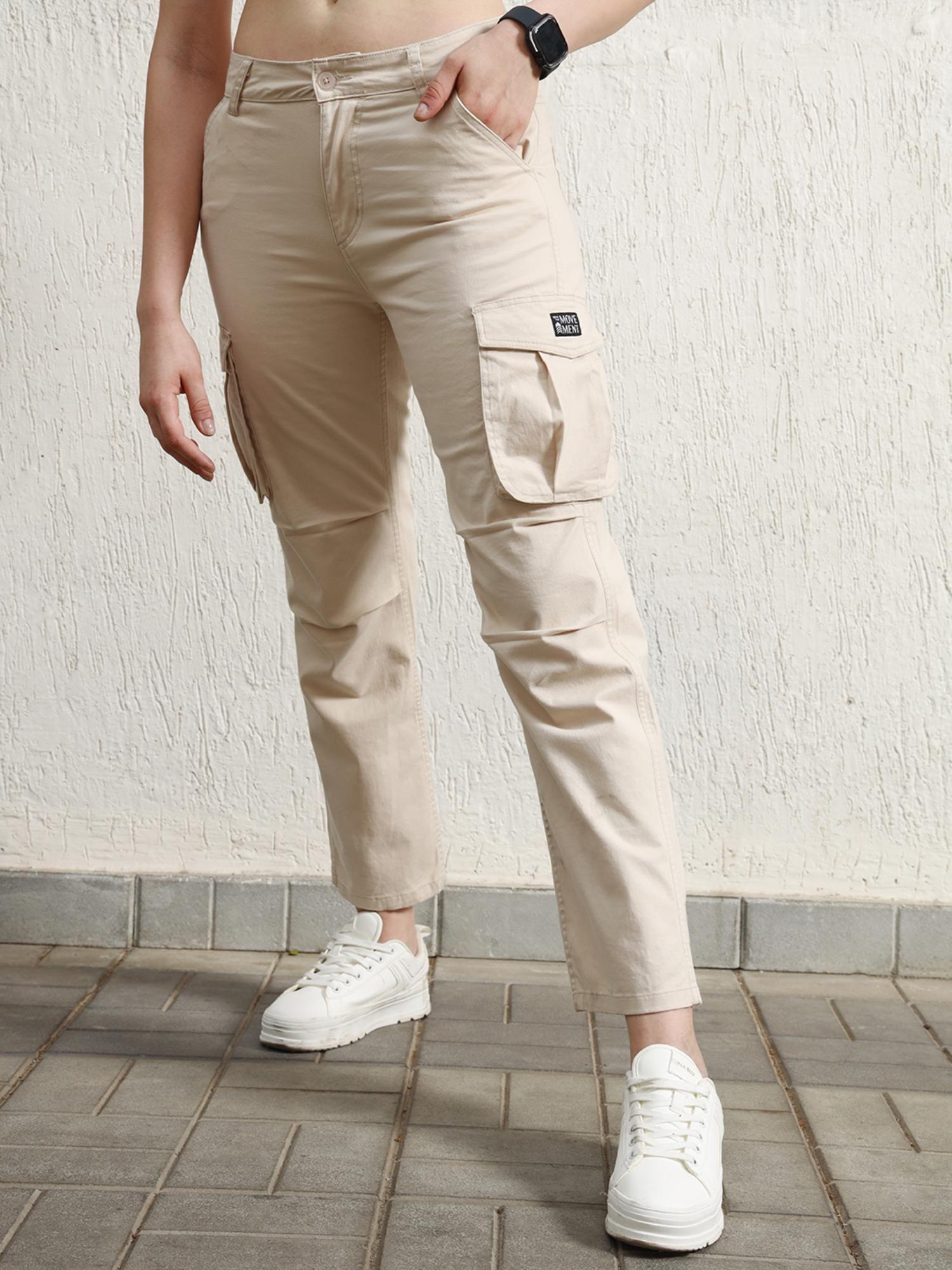 women beige smart casual summer cotton regular fit pant