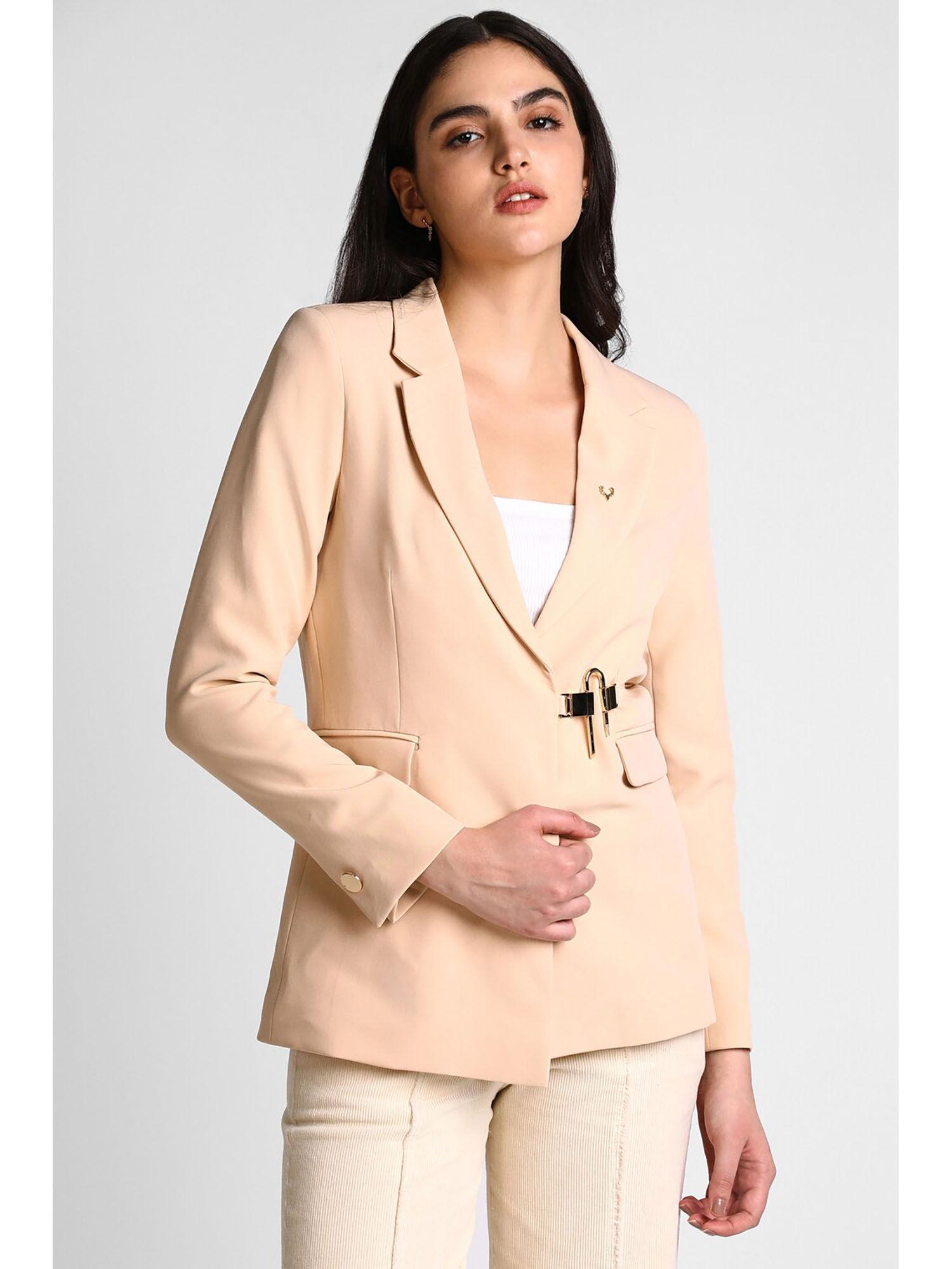 women beige solid casual blazer