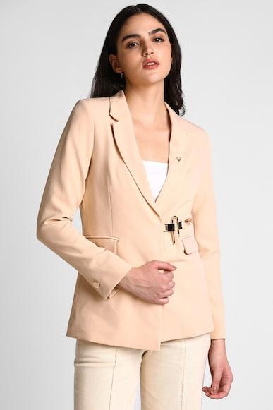 women beige solid casual blazer