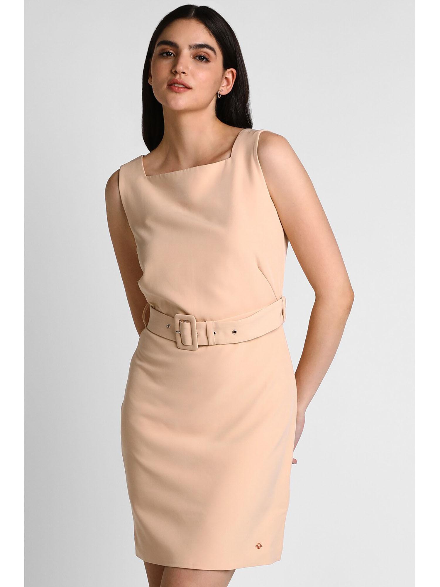 women beige solid casual dress (set of 2)