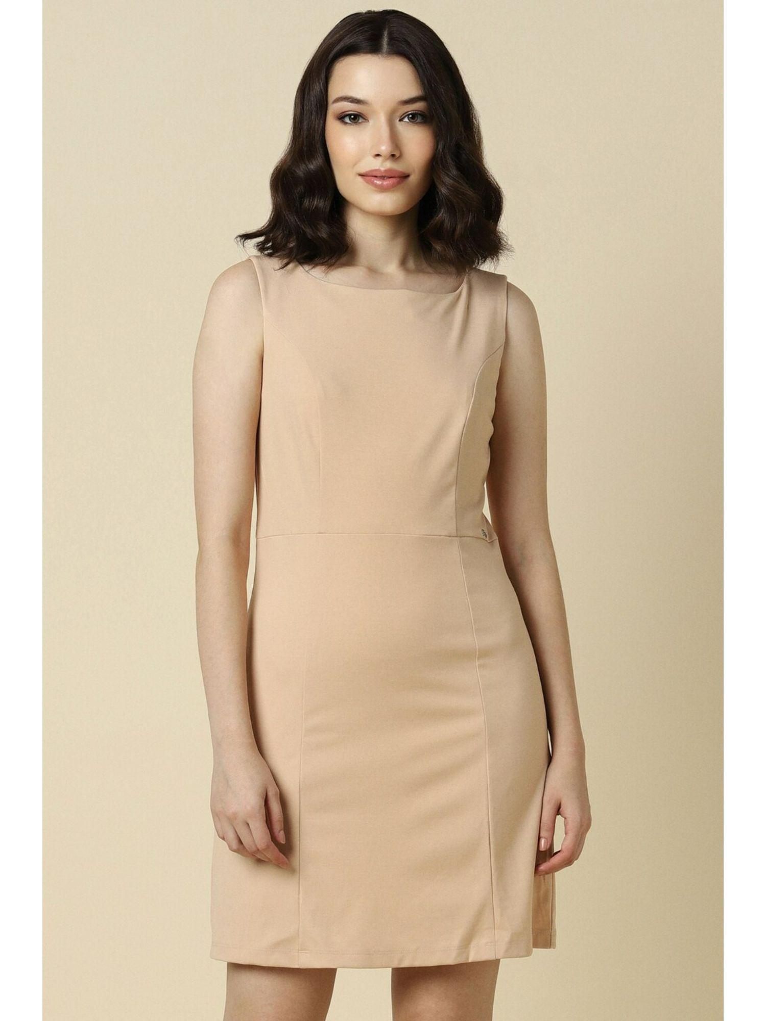 women beige solid casual dress