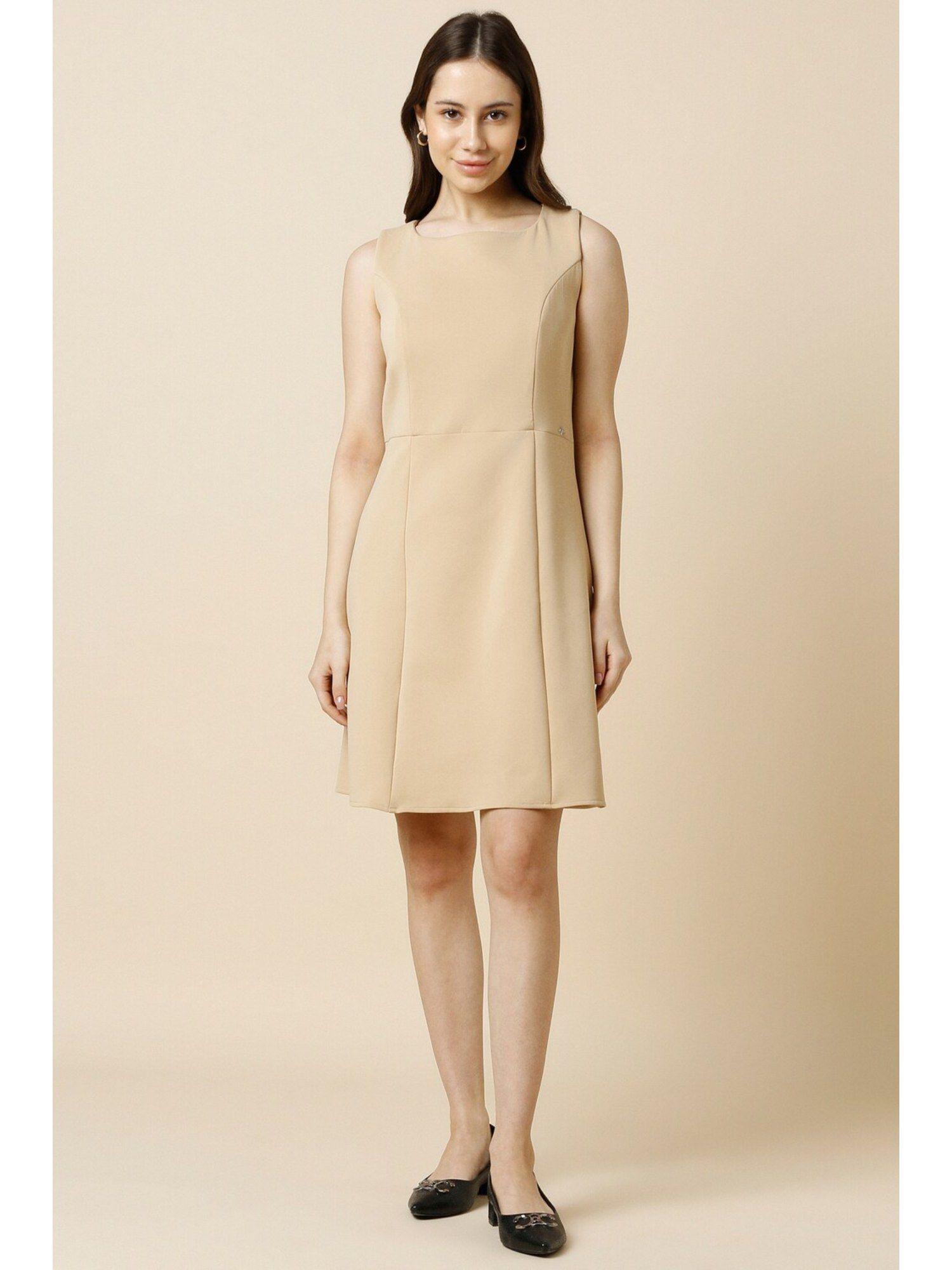 women beige solid casual dress