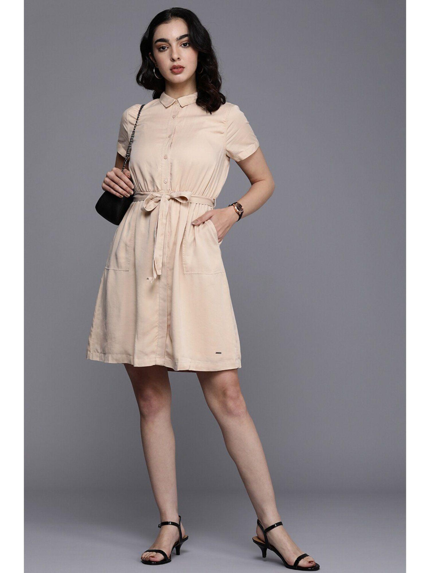 women beige solid casual dress