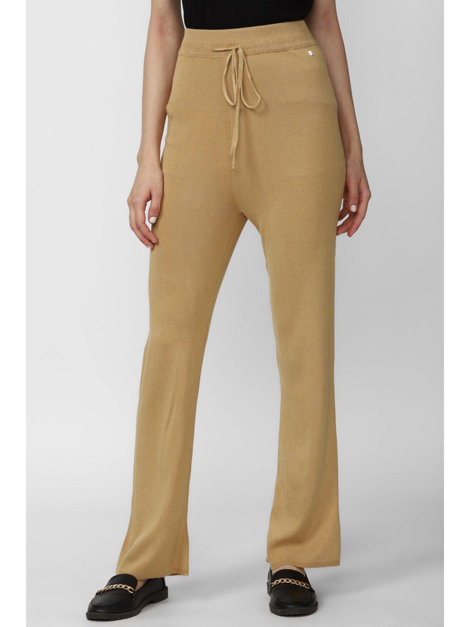 women beige solid casual regular fit trousers