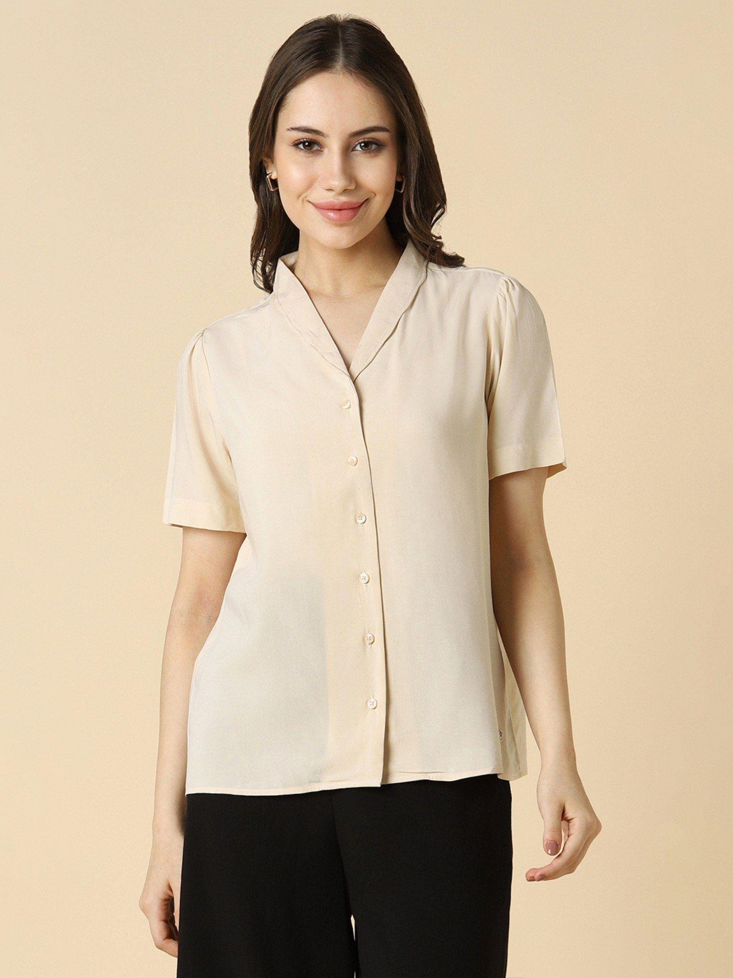 women beige solid half sleeves regular fit formal shirt