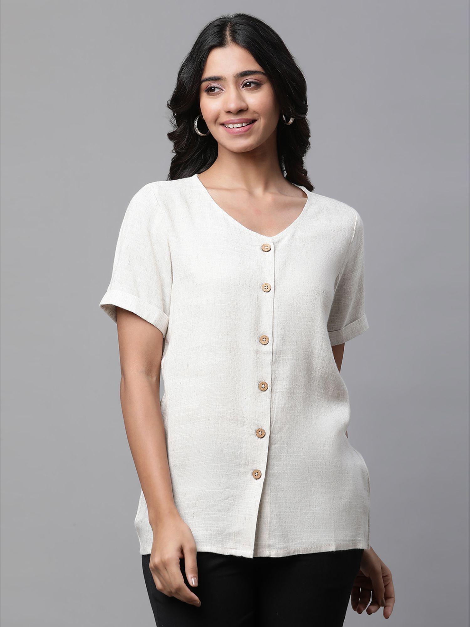 women beige solid half sleeves v-neck top