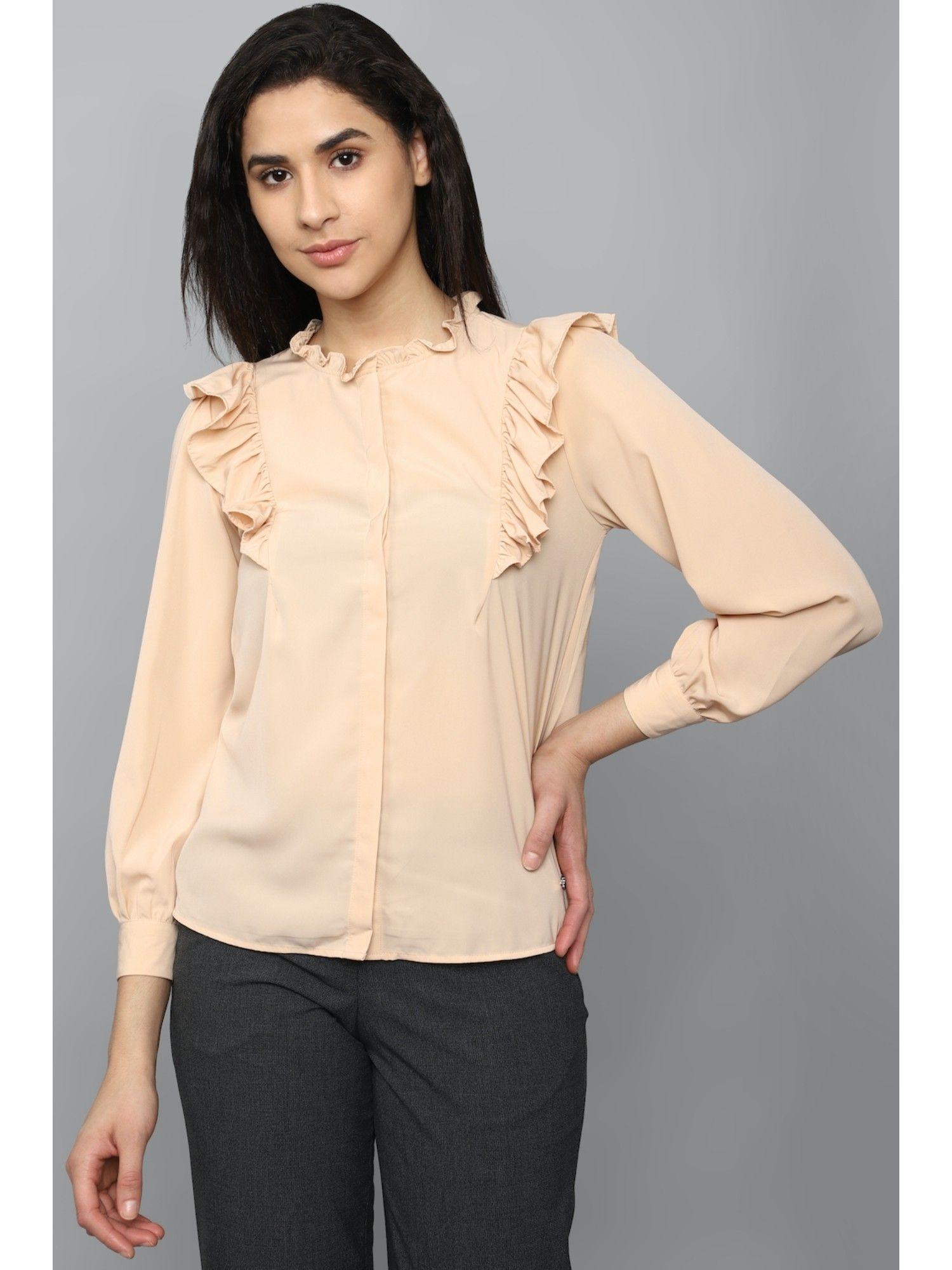 women beige solid long sleeves shirt