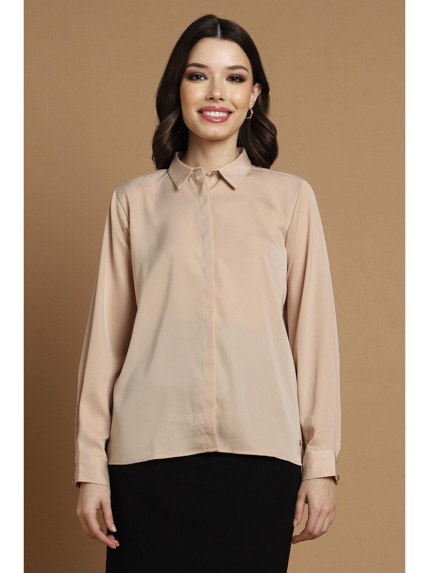 women beige solid long sleeves shirt