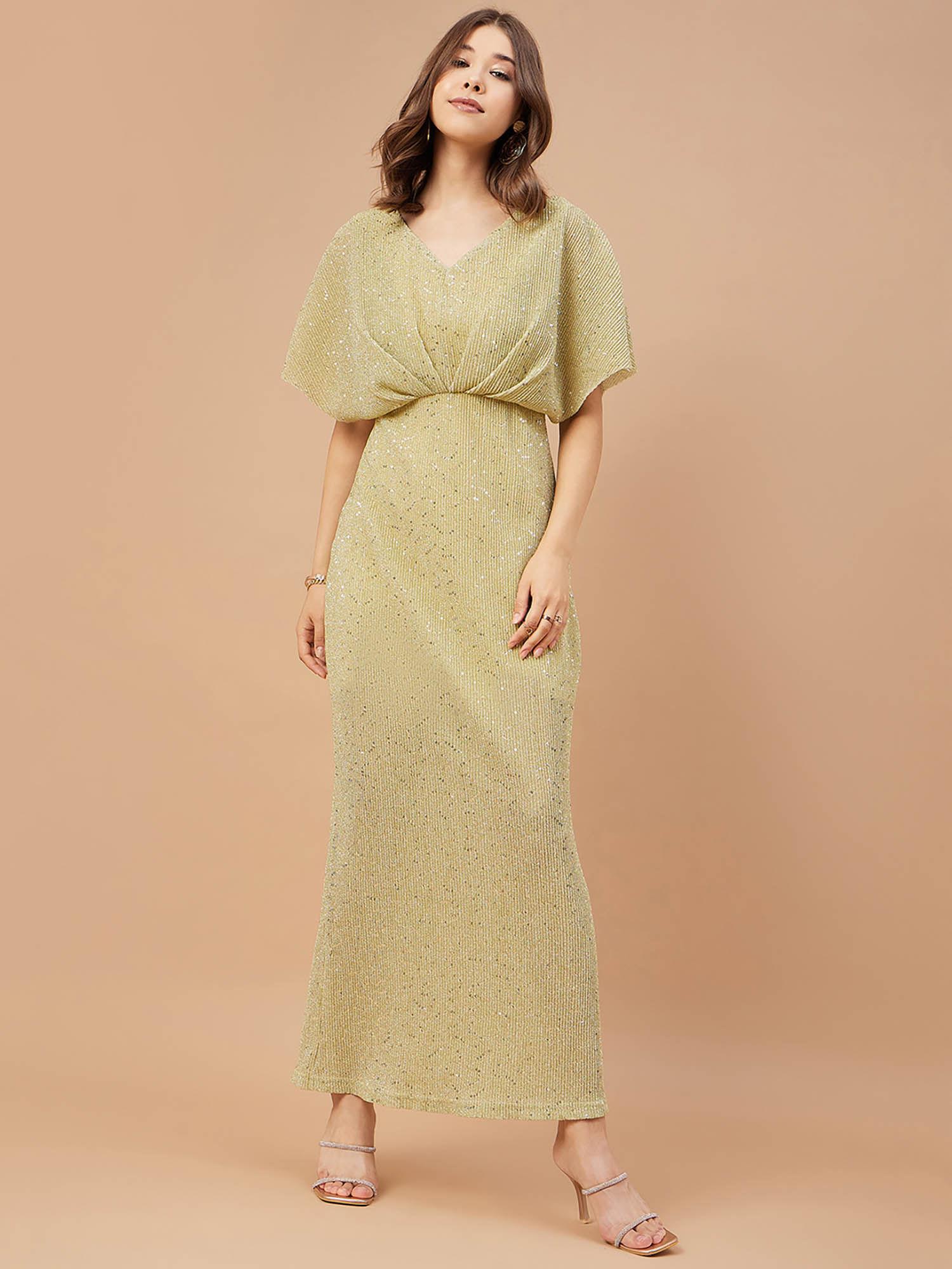 women beige solid polyester flutter sleeve v neck dress