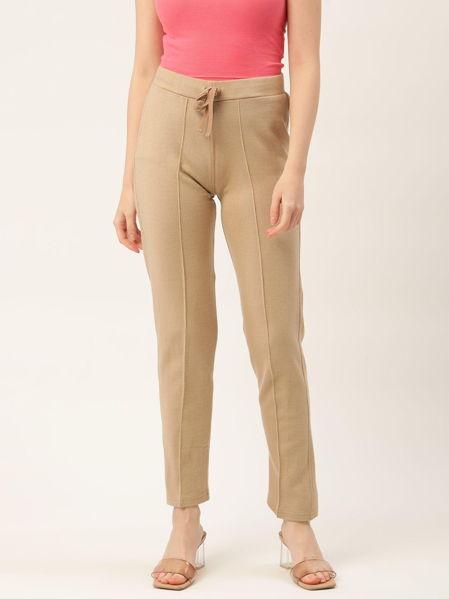 women beige solid regular fit knitted winter trousers