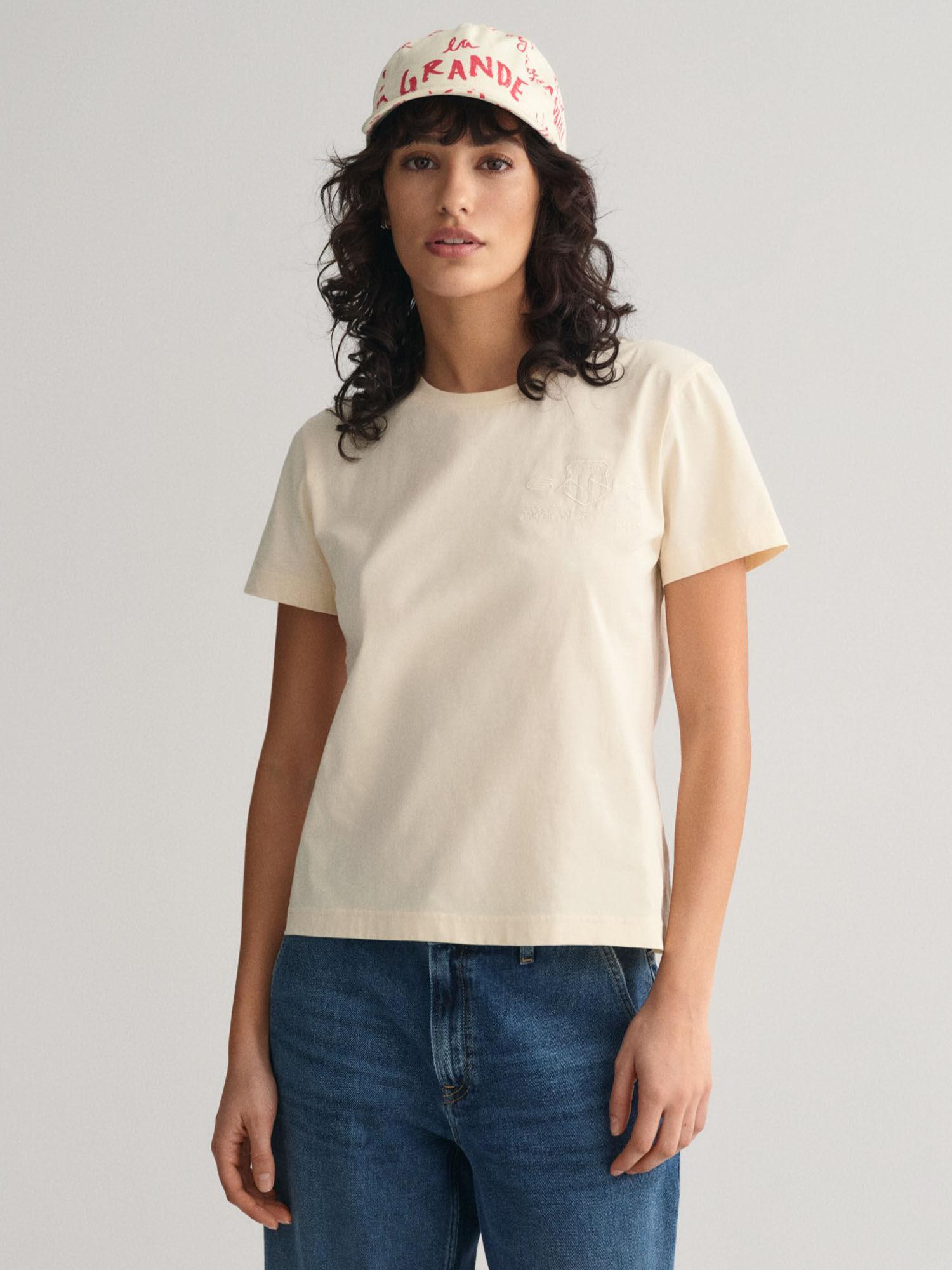 women beige solid round neck short sleeves t-shirt