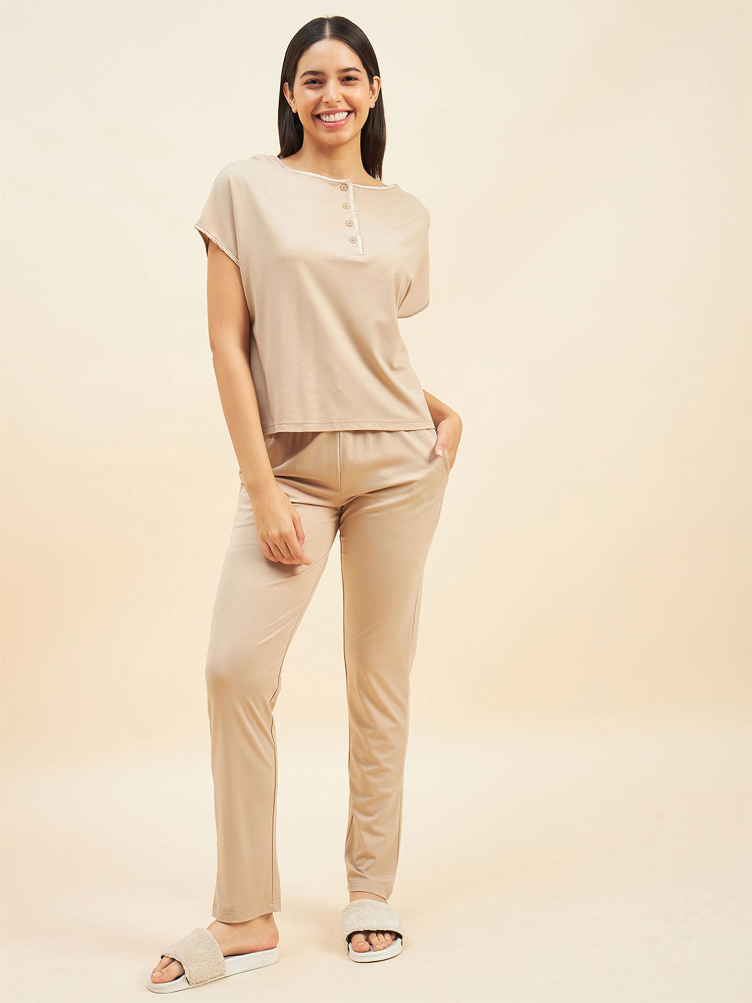 women beige solid t-shirt and pajama (set of 2)