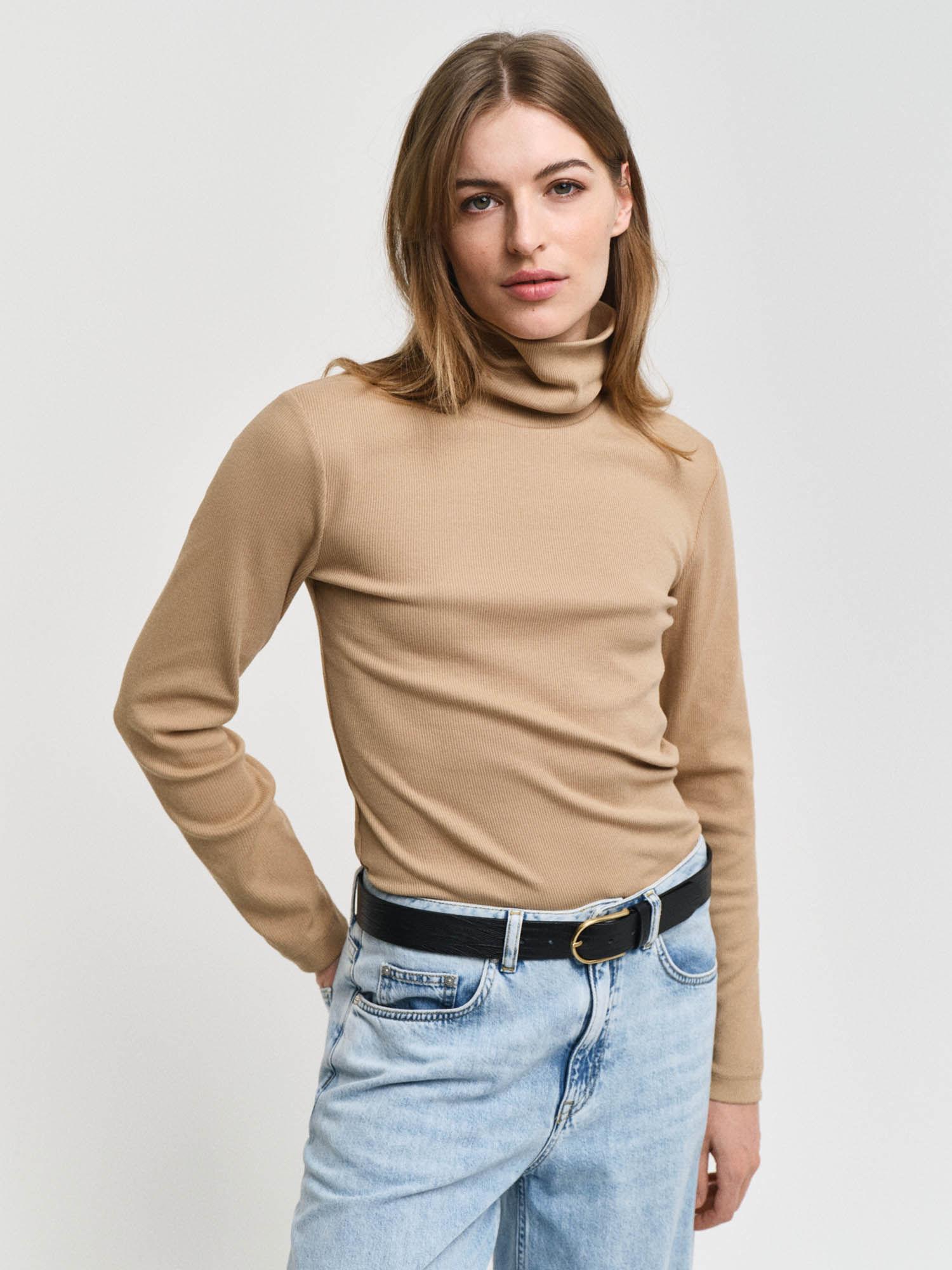 women beige solid turtle neck full sleeves top