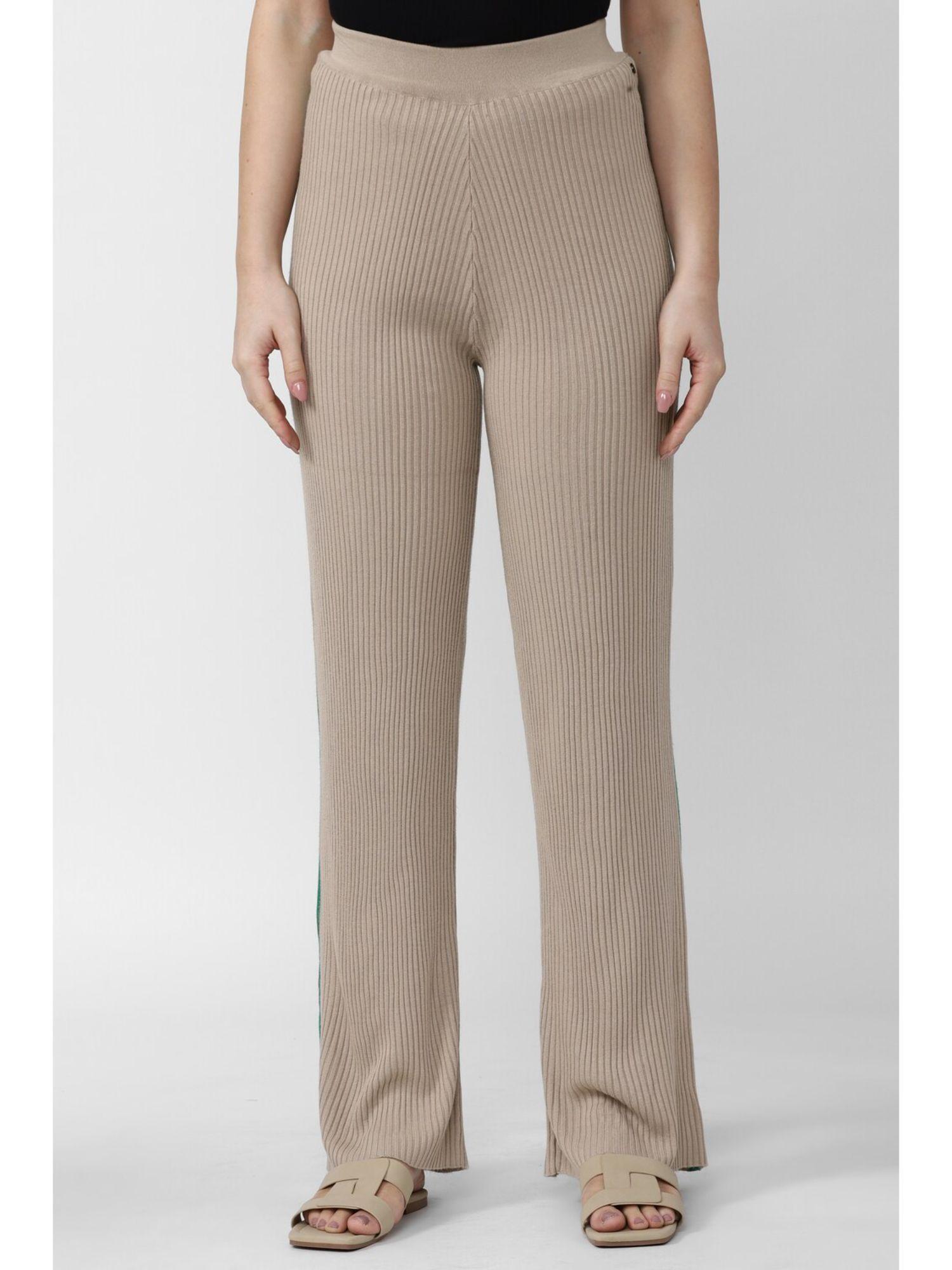 women beige stripe casual regular fit trousers