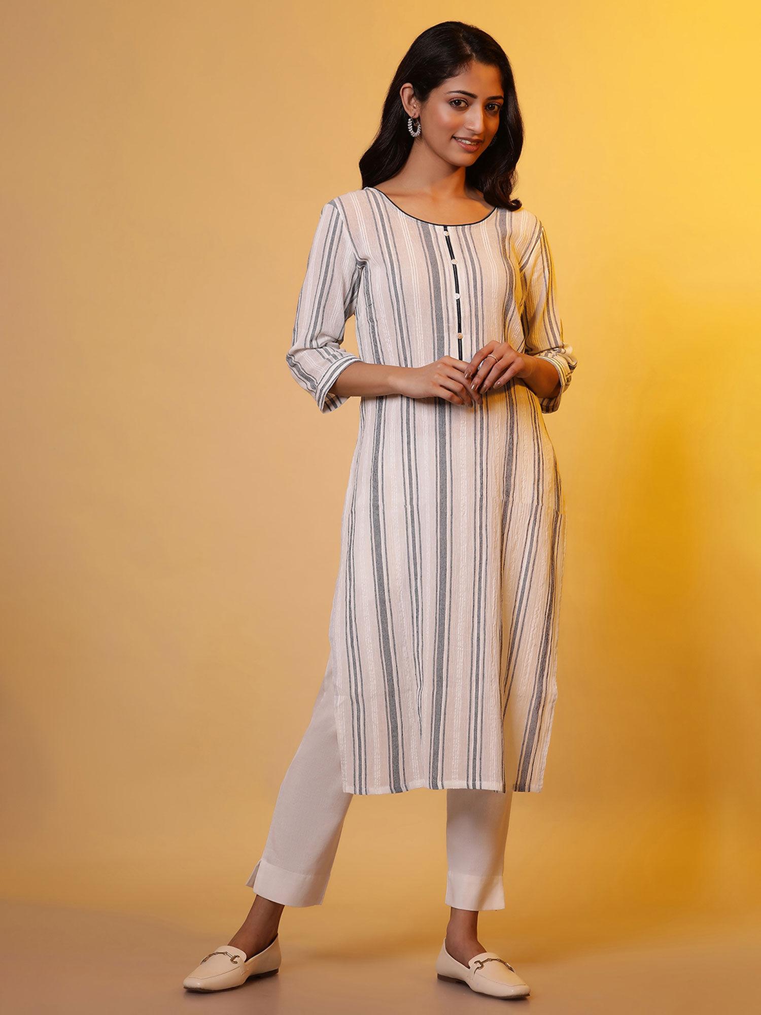 women beige stripes cotton kurta