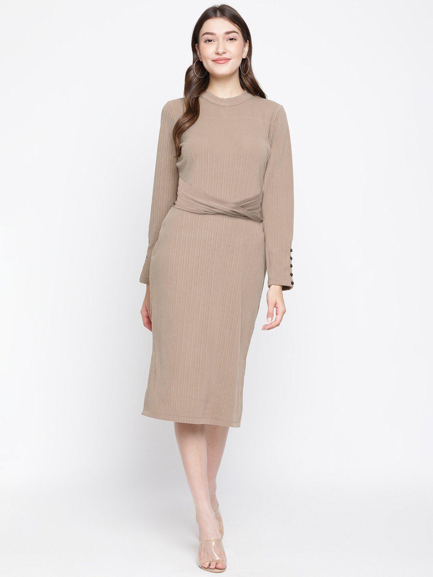 women beige textured full sleeve dress