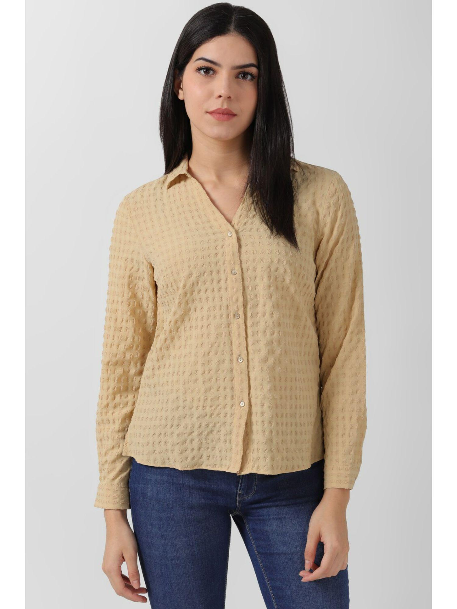 women beige textured long sleeves shirt