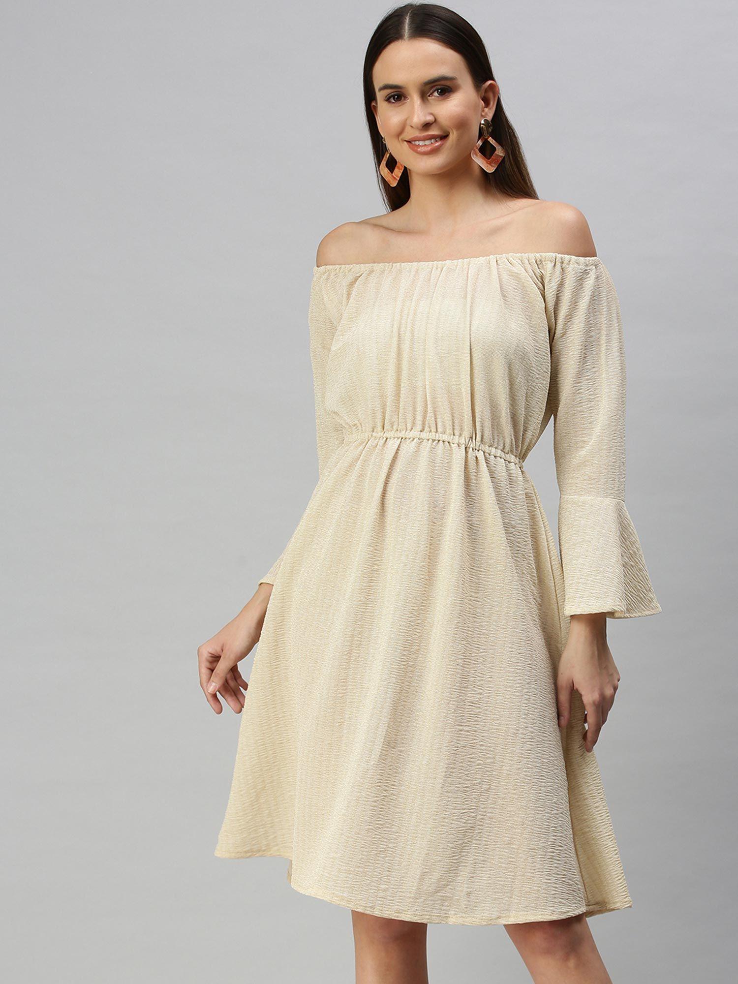 women beige textured off shoulder dress