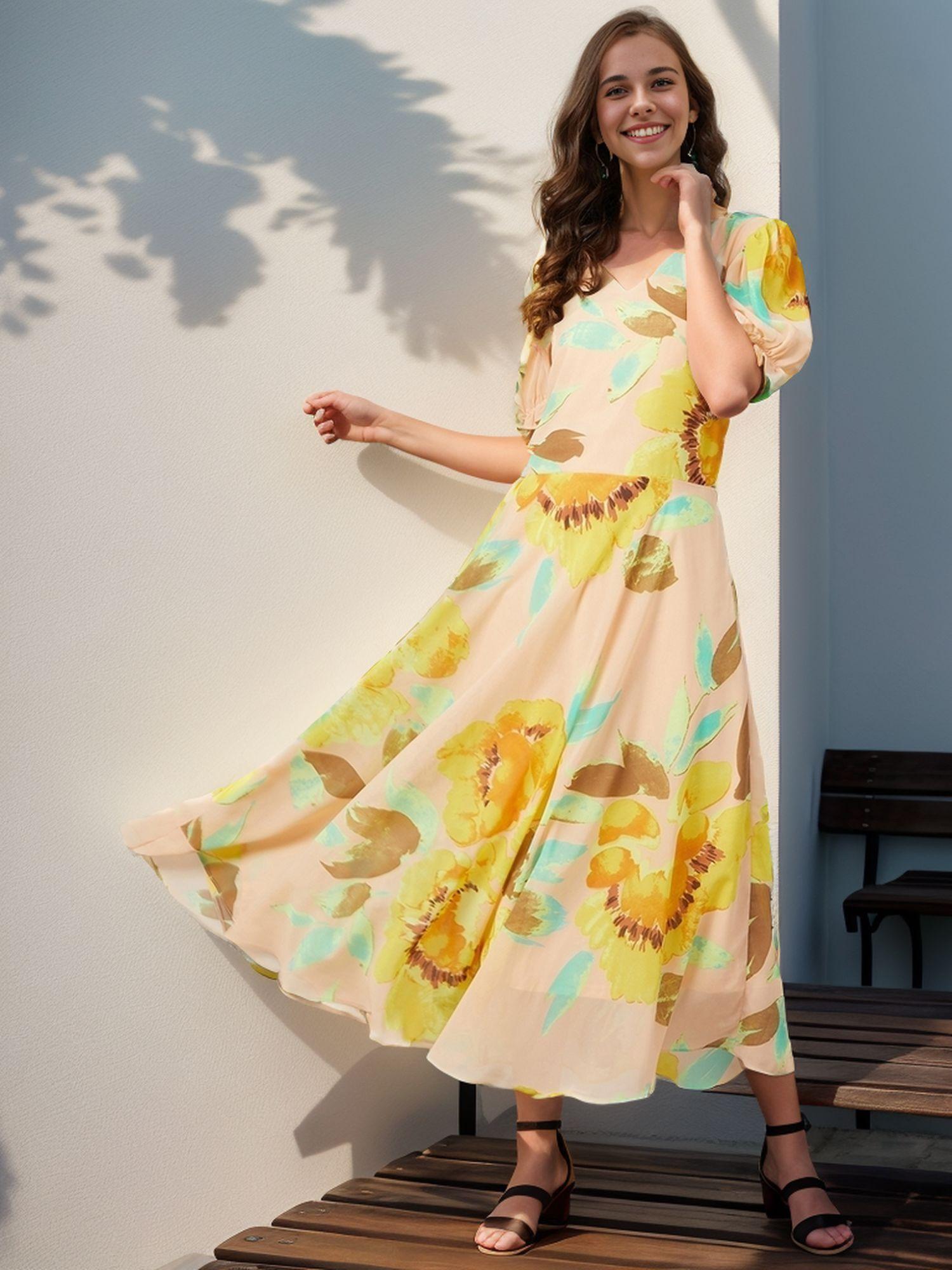 women beige v-neck floral printed maxi dress