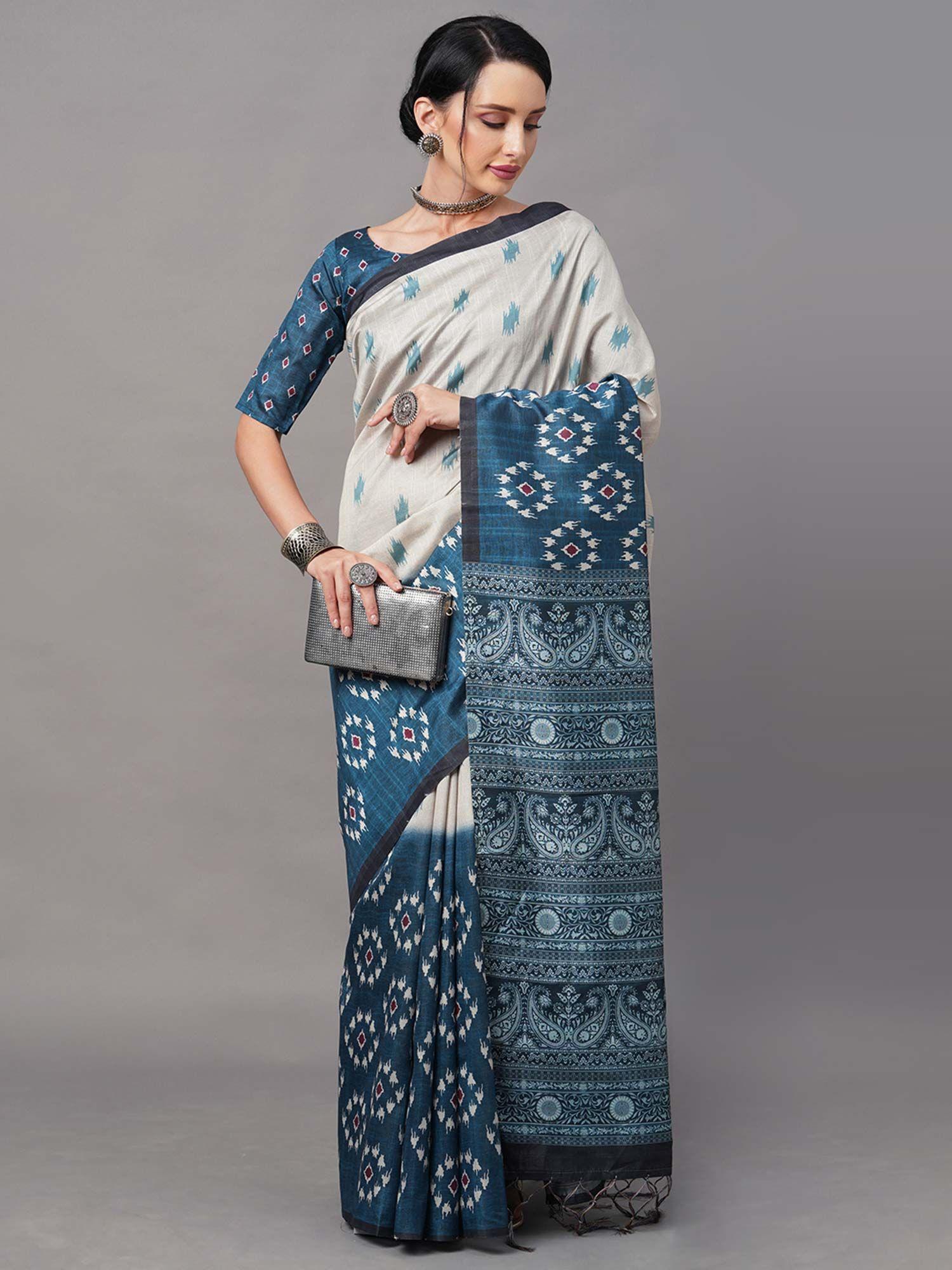 women bhagalpuri silk teal digital print designer saree with unstitched blouse