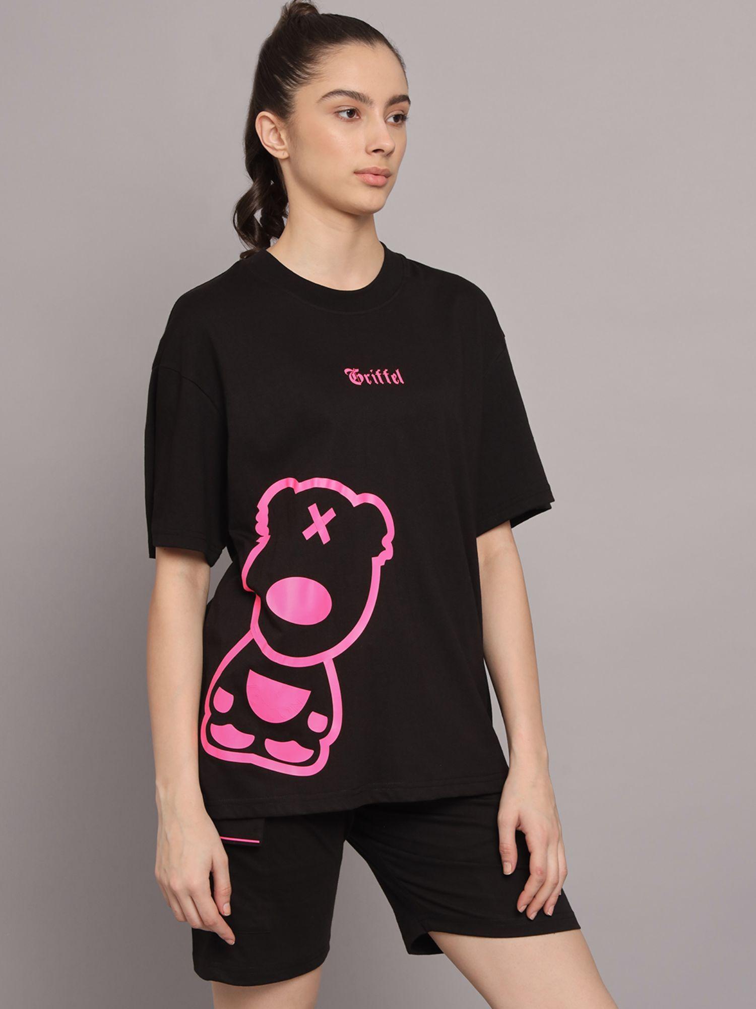 women big pink teddy drop shoulder oversized black t-shirt