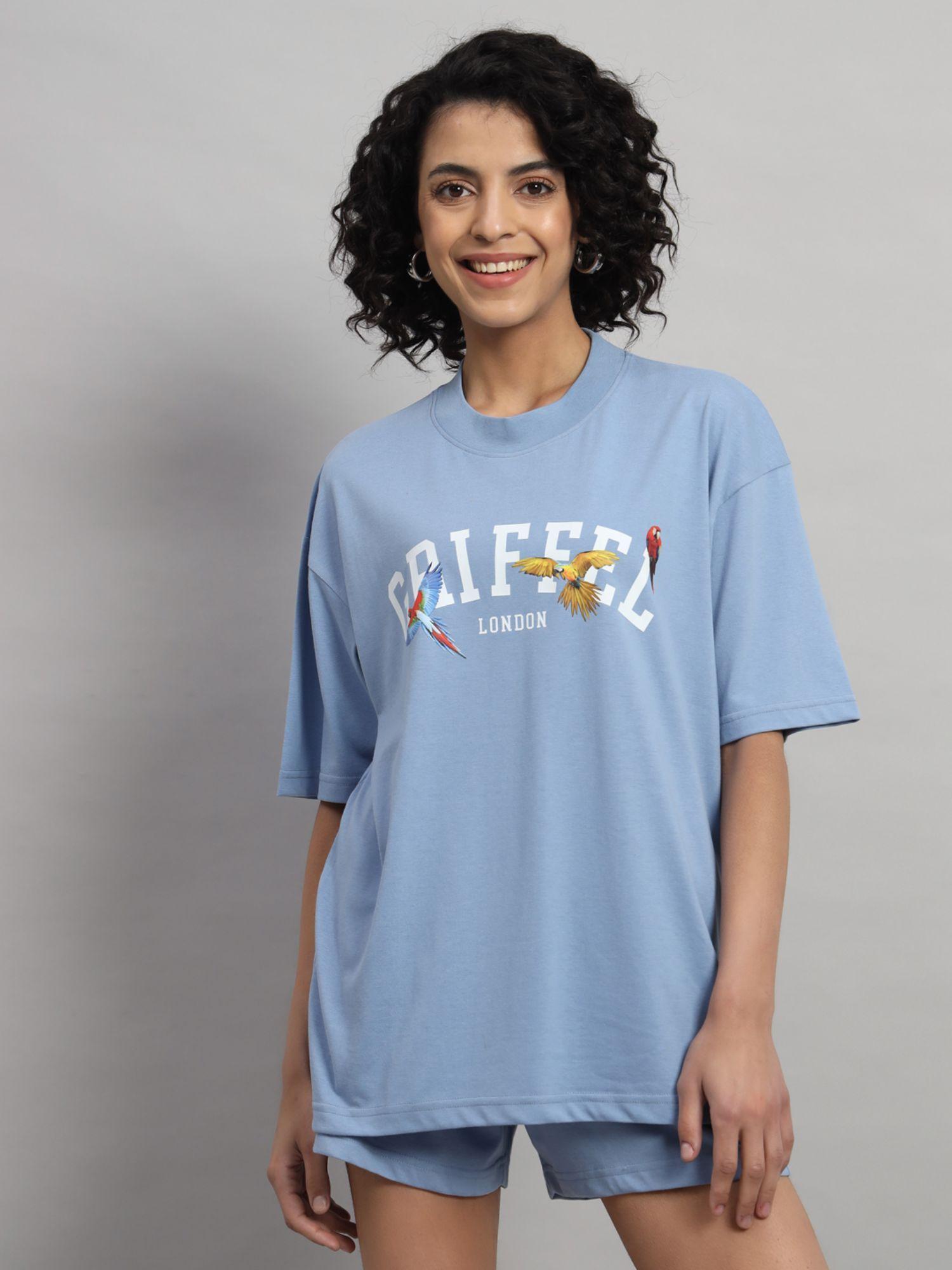 women birds oversized sky blue t-shirt