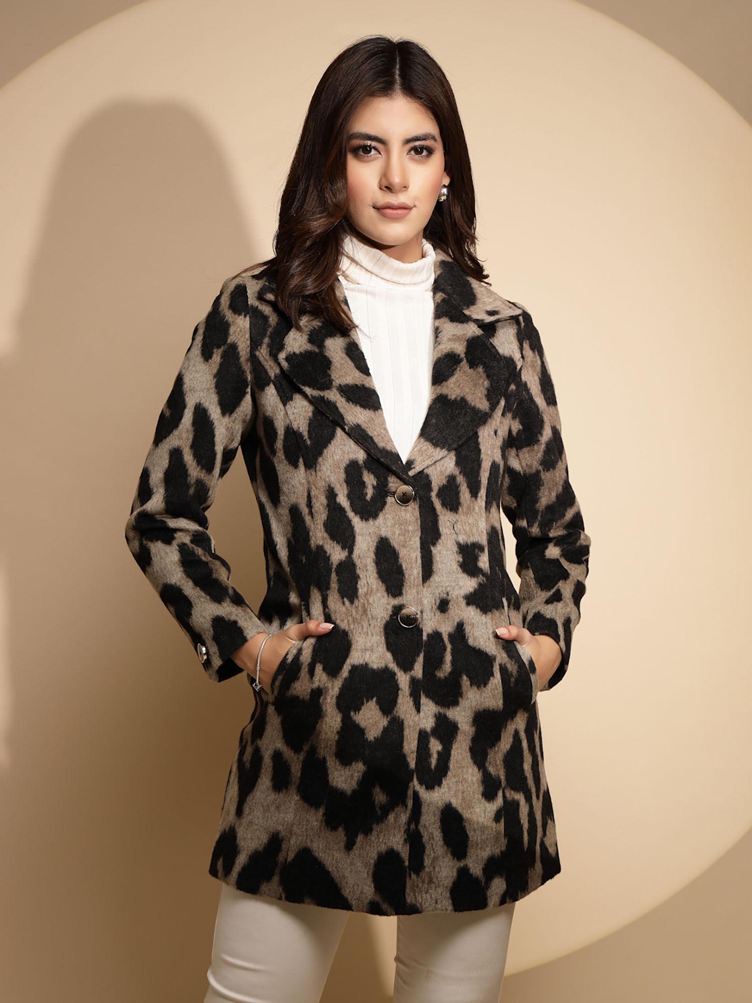 women black & beige printed tweed coat