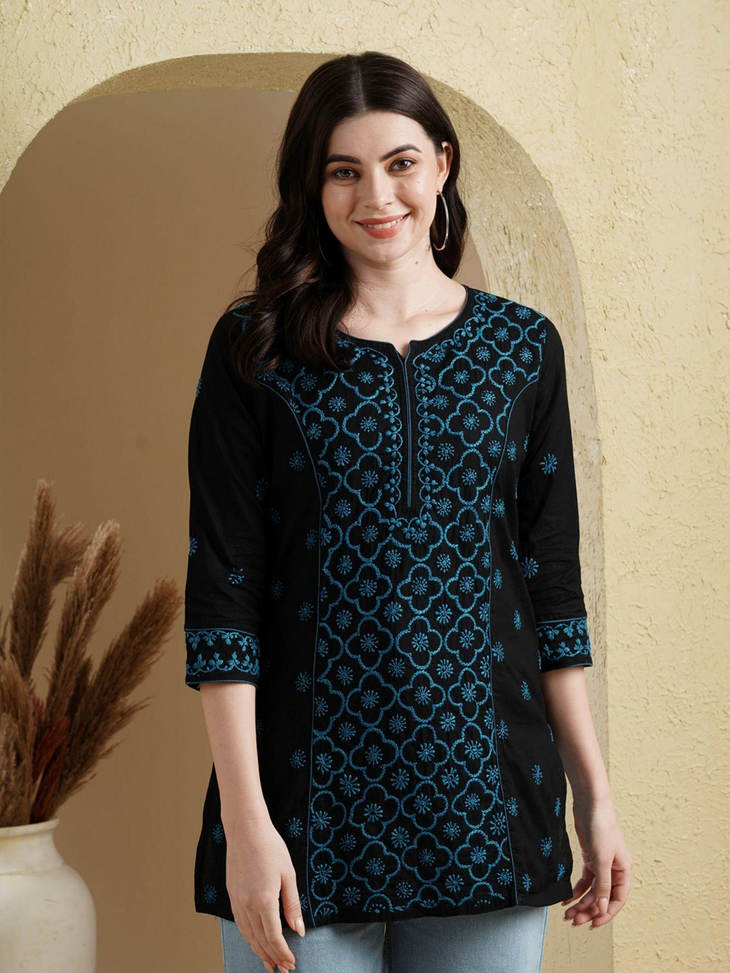 women black & blue ethnic motifs embroidered chikankari kurti