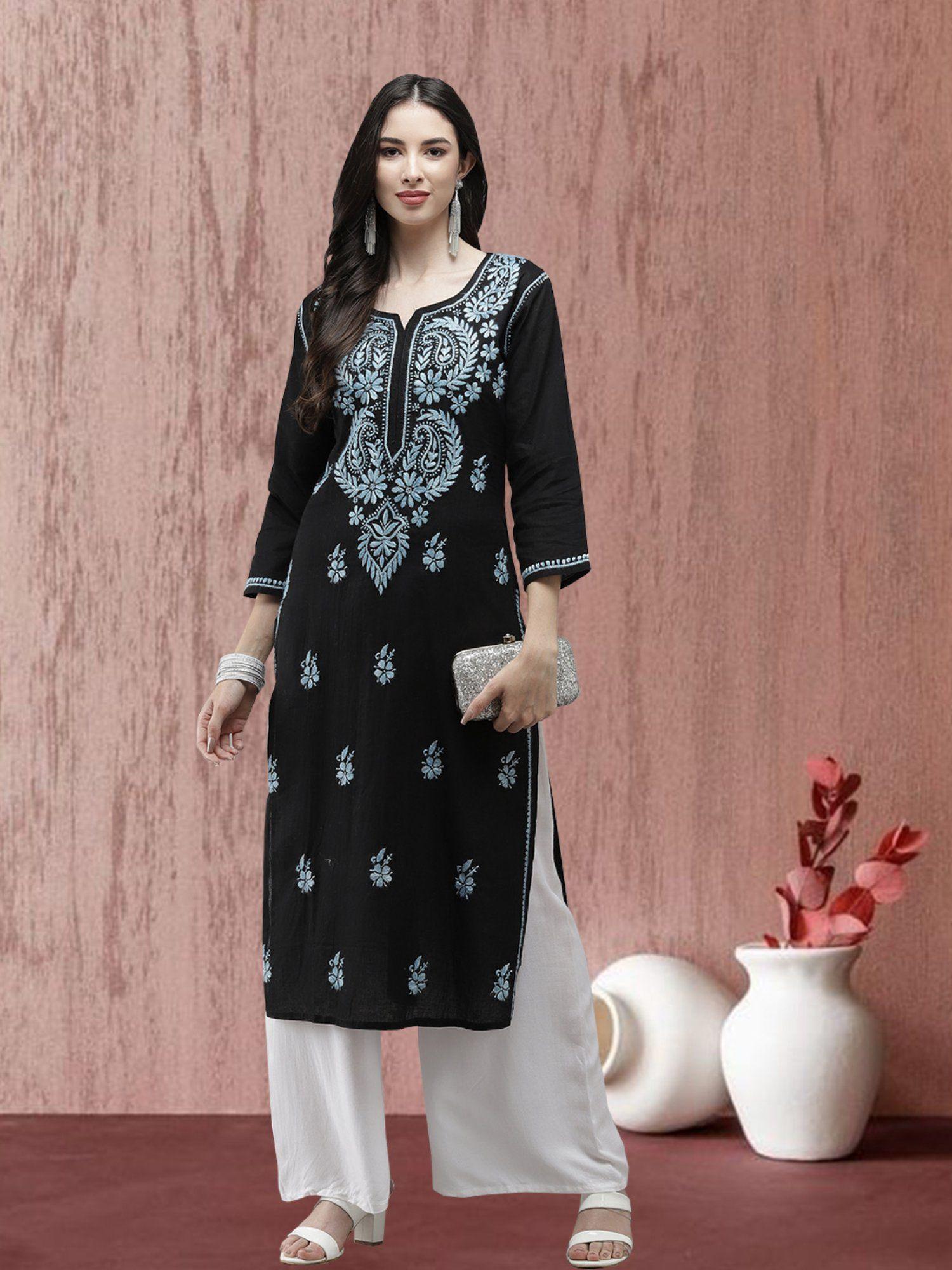 women black & blue ethnic motifs embroidered chikankari thread work kurta