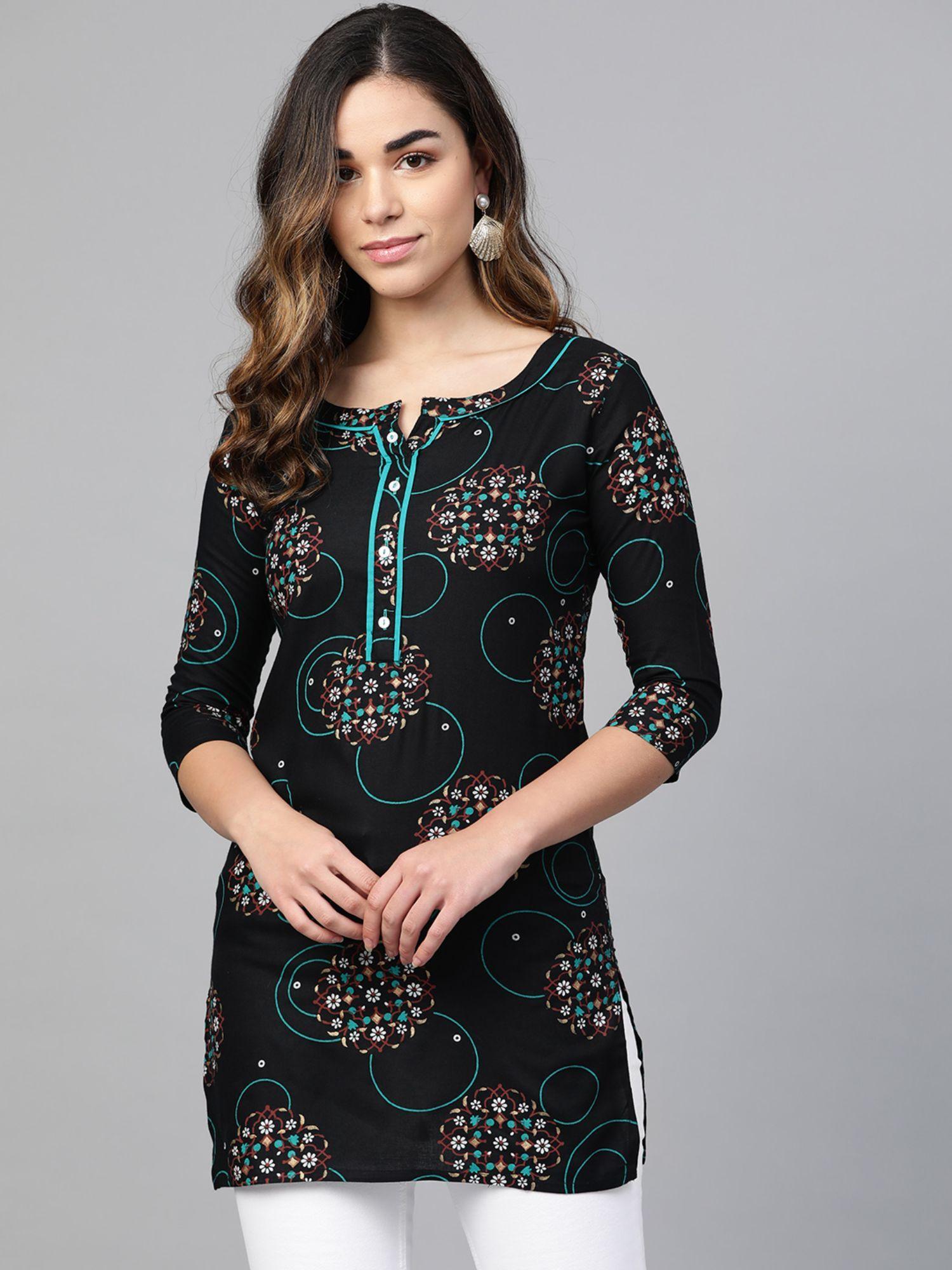 women black & blue printed straight kurti