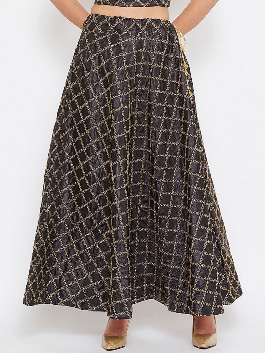 women black & gold-coloured embellished pure silk flared maxi skirt