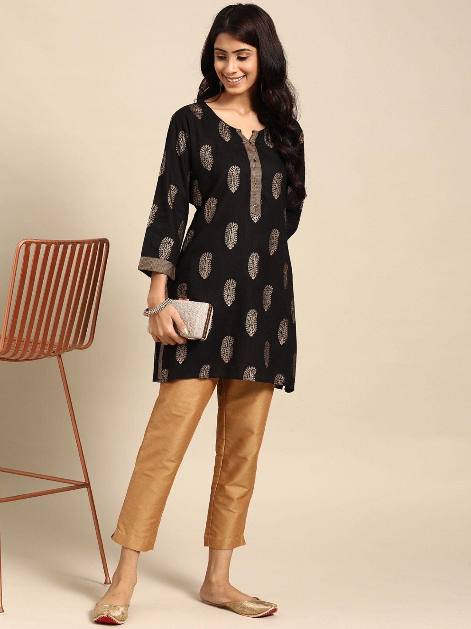 women black & gold foil sangnaeri block print straight kurti