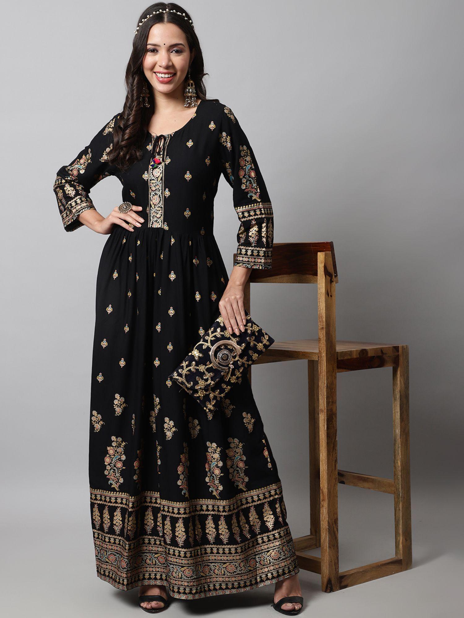 women black & gold rayon gold printed dress