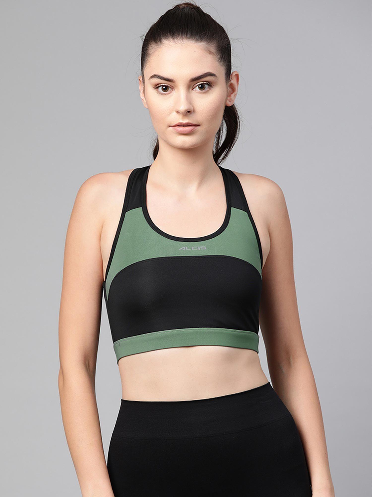 women black & green colourblocked non-wired removable padding workout bra ecwbtaw2000110