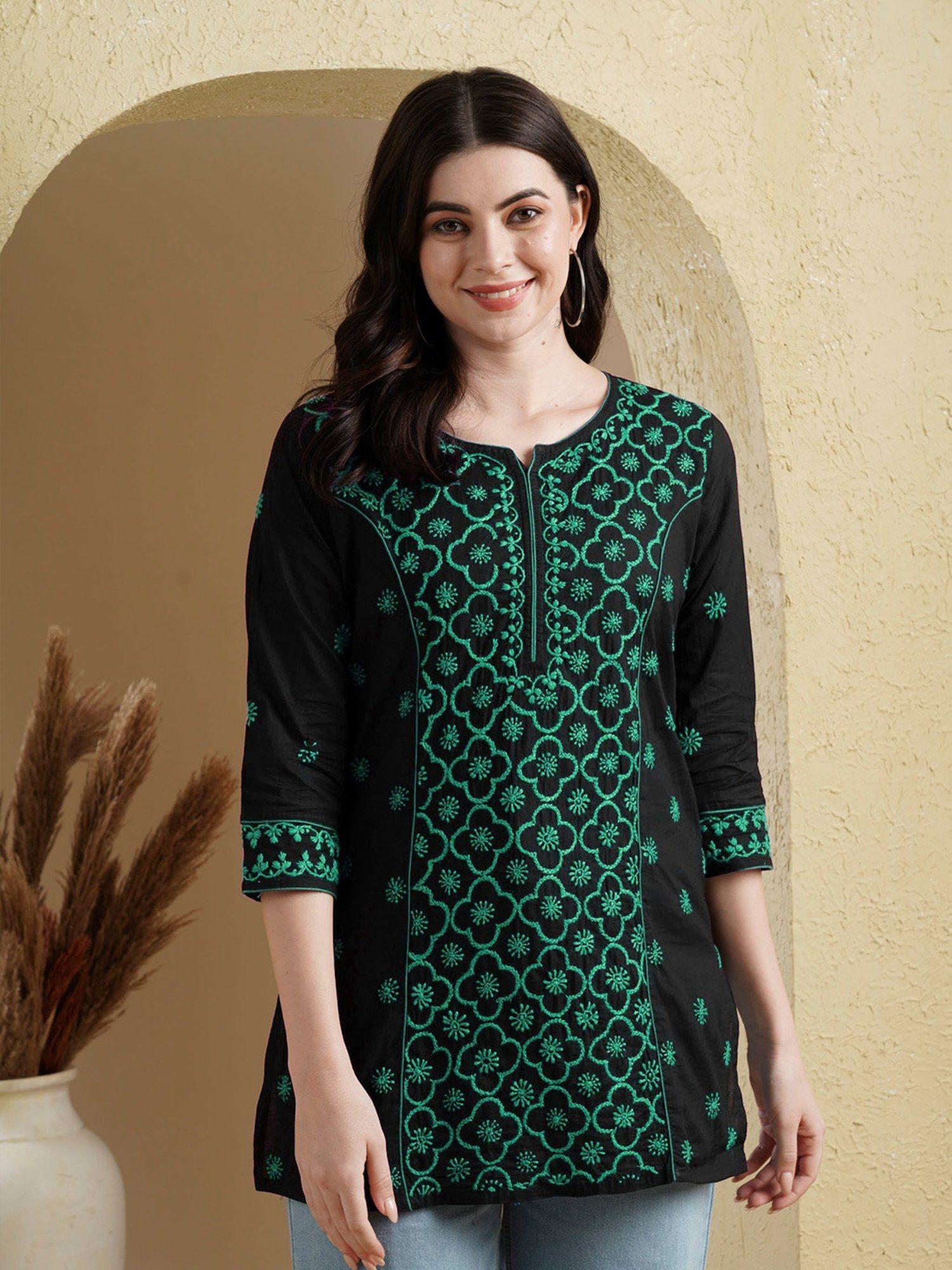 women black & green ethnic motifs embroidered chikankari kurti