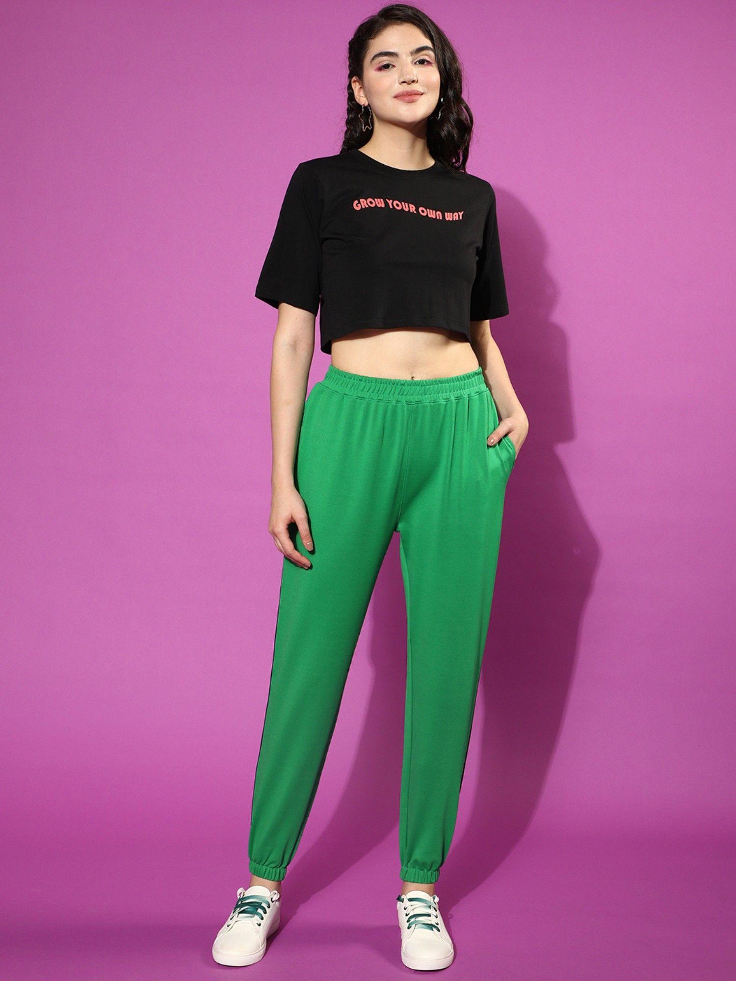 women black & green graphic print crop t-shirt with mid-rise joggers (set of 2)