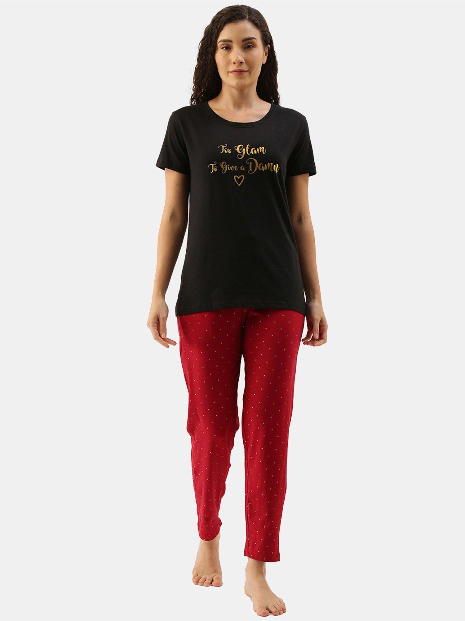 women black & maroon pure cotton printed t-shirt and pyjama (set of 2)