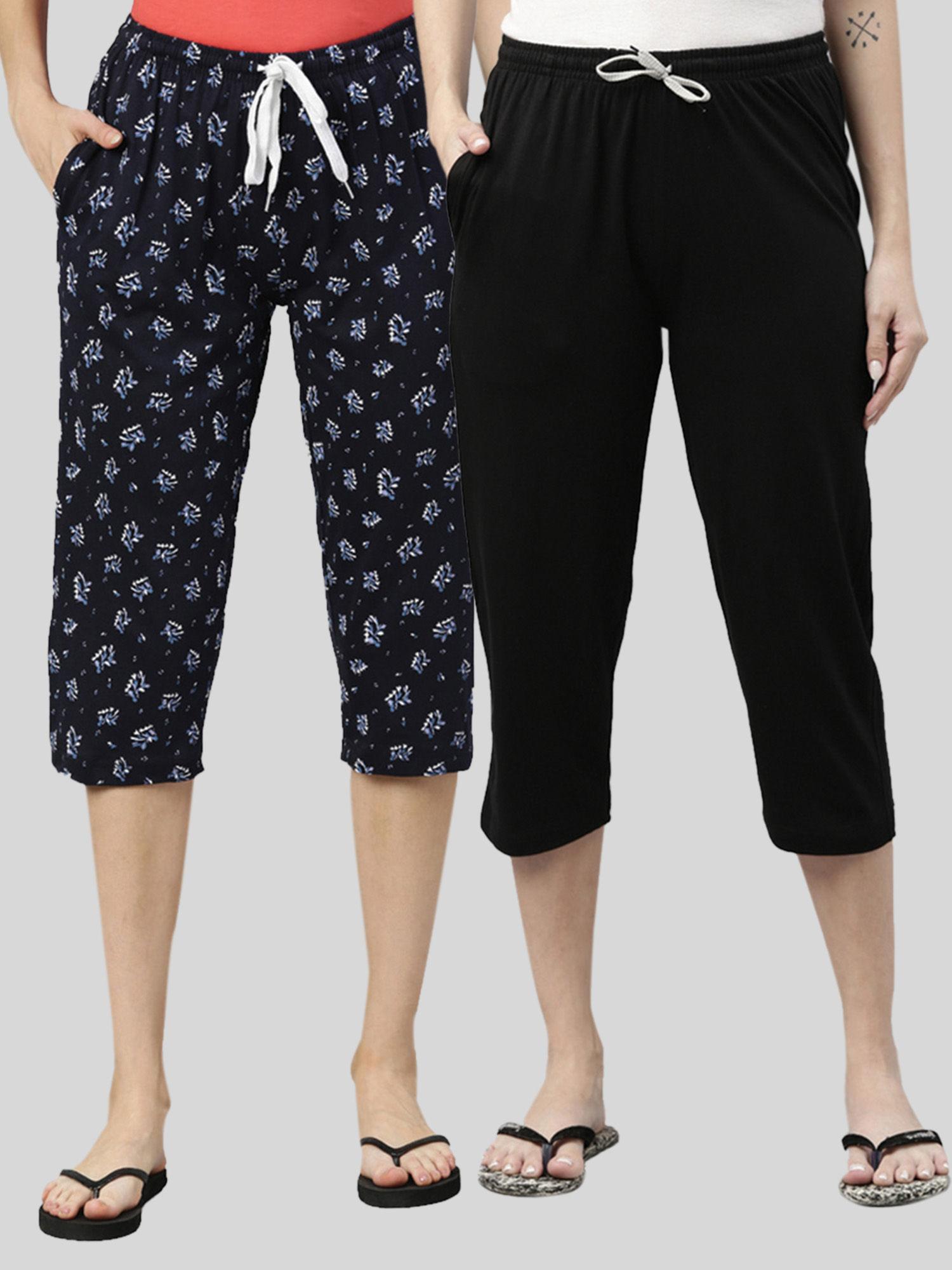 women black & navy printed regular fit cotton capris (pack of 2)